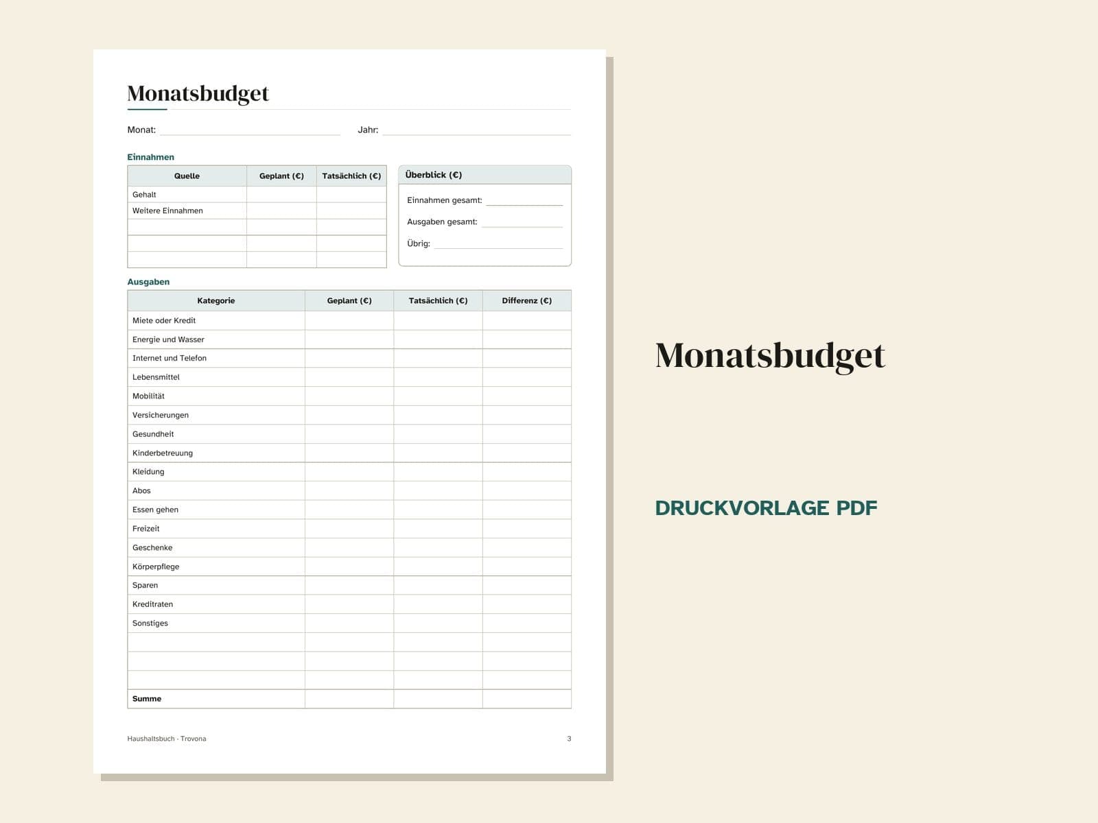 Eine Seite aus der PDF-Datei: das Monatsbudget