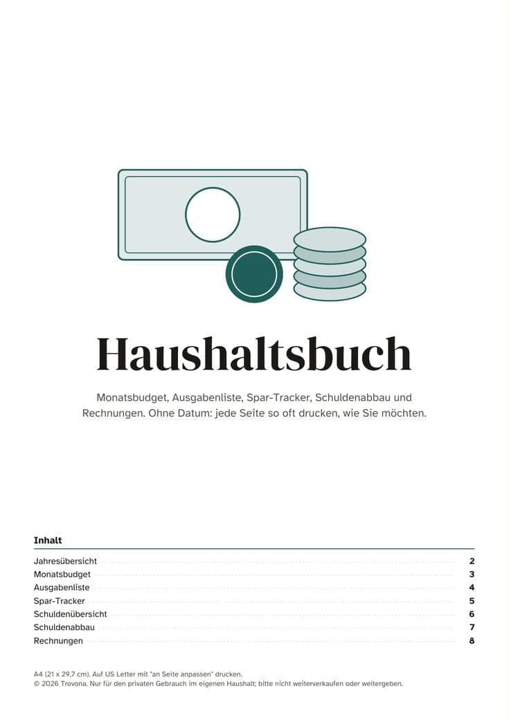 Titelseite der PDF-Datei: Haushaltsbuch zum Ausdrucken