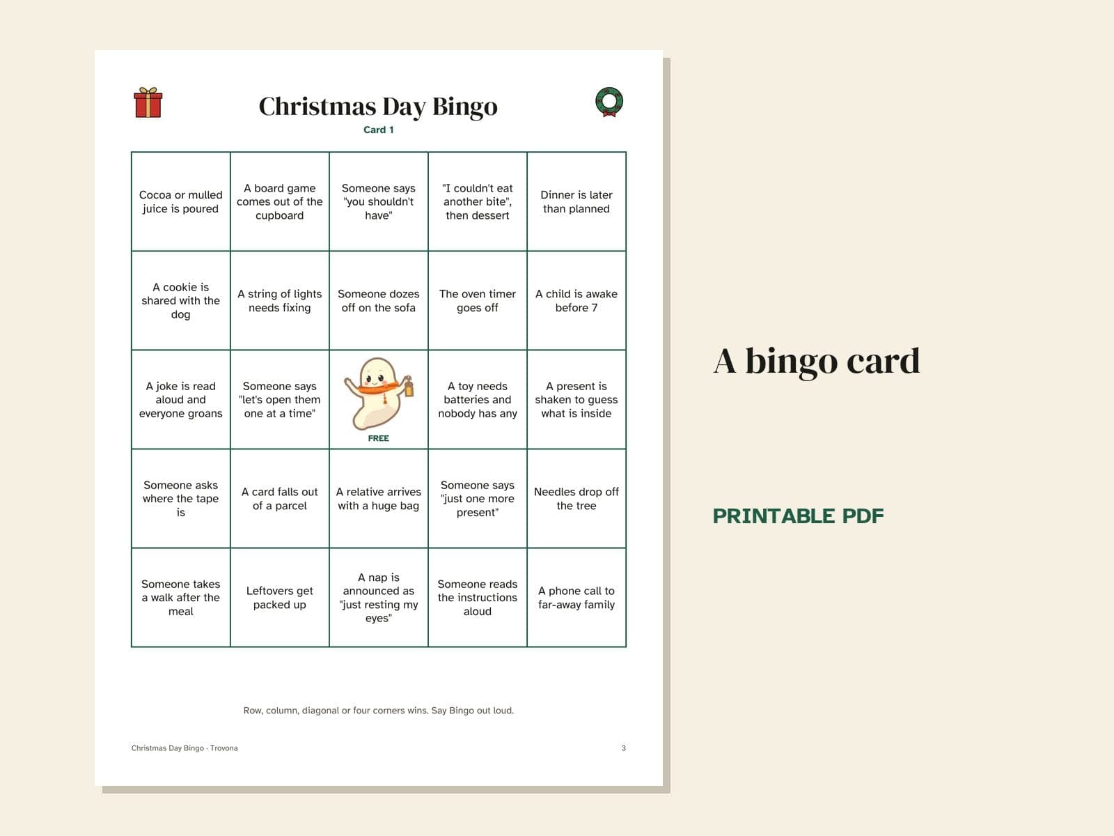 Une page du PDF : Bingo de Noël en famille : 16 cartes de moments de la journée