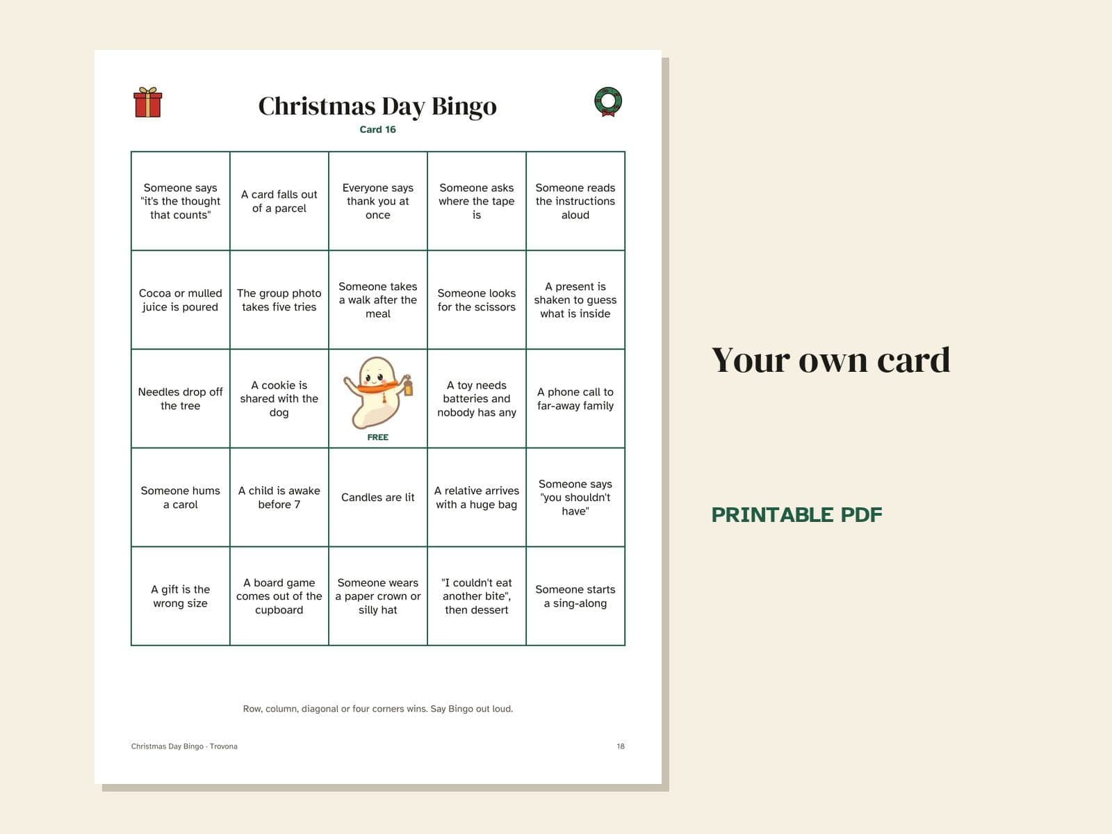 Une page du PDF : Bingo de Noël en famille : 16 cartes de moments de la journée