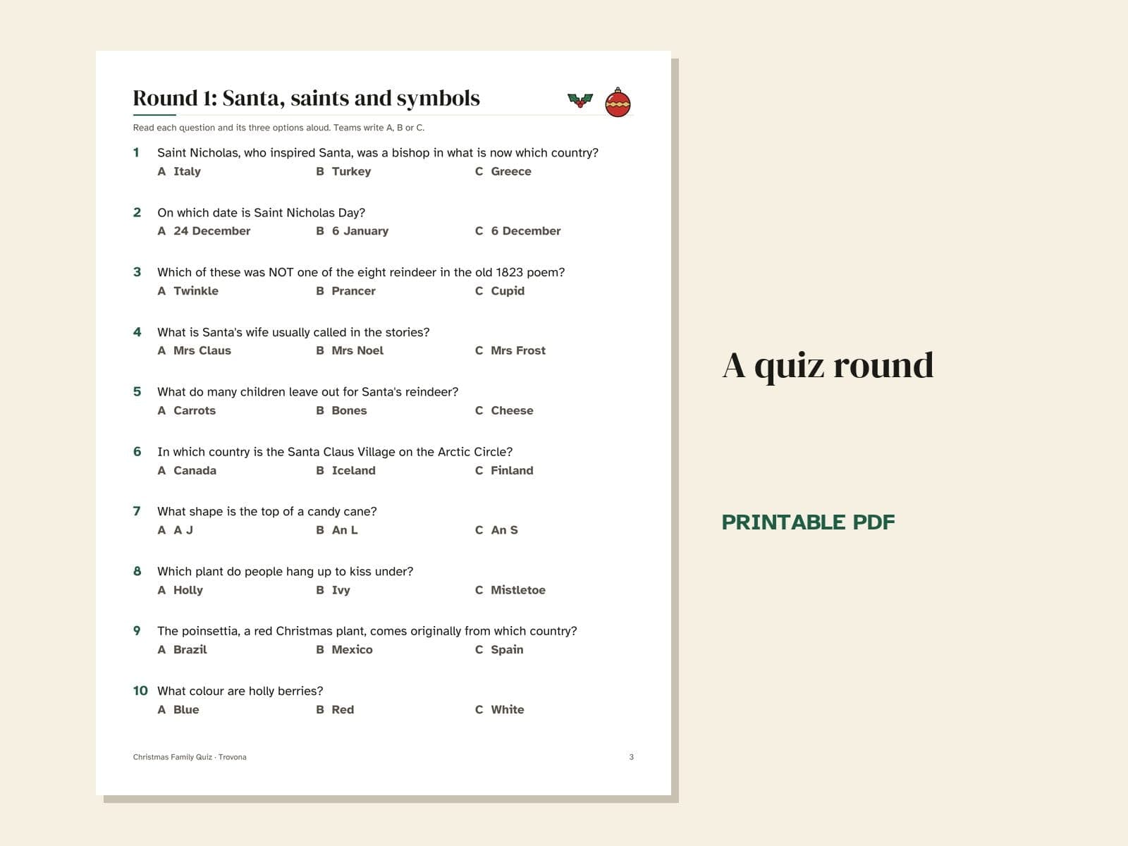 Eine Seite aus der PDF-Datei: Weihnachtsquiz für die Familie: 60 Fragen in 6 Runden