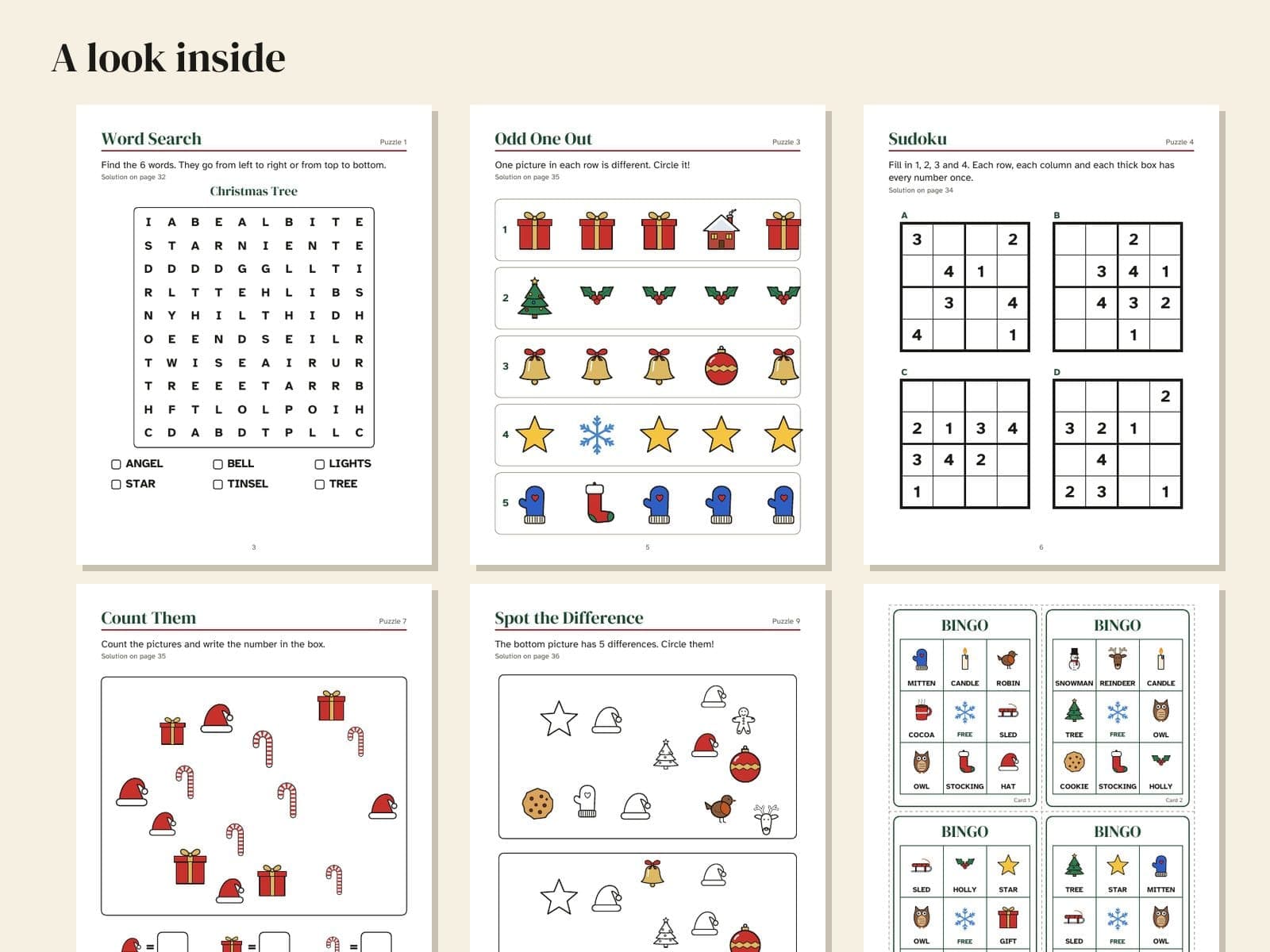 Six pages from inside the book, shown small