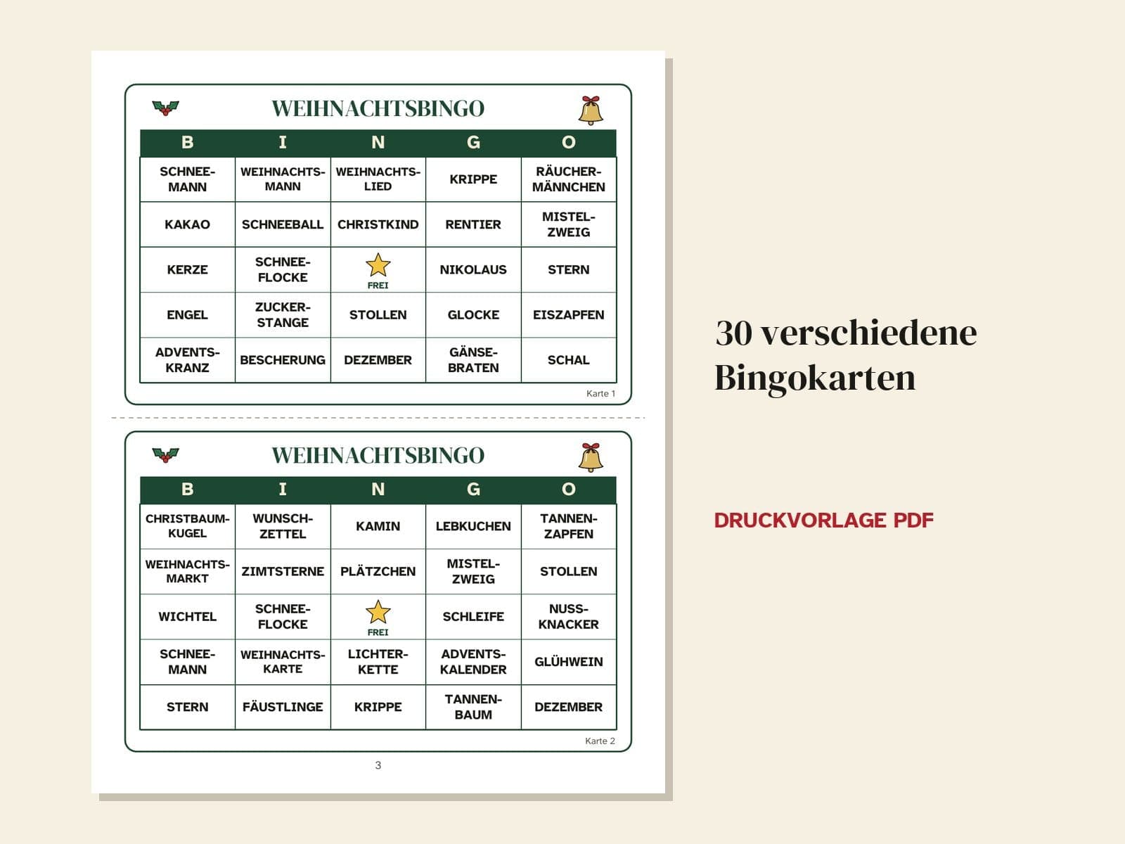 Eine Seite aus dem Heft: 30 verschiedene Bingokarten