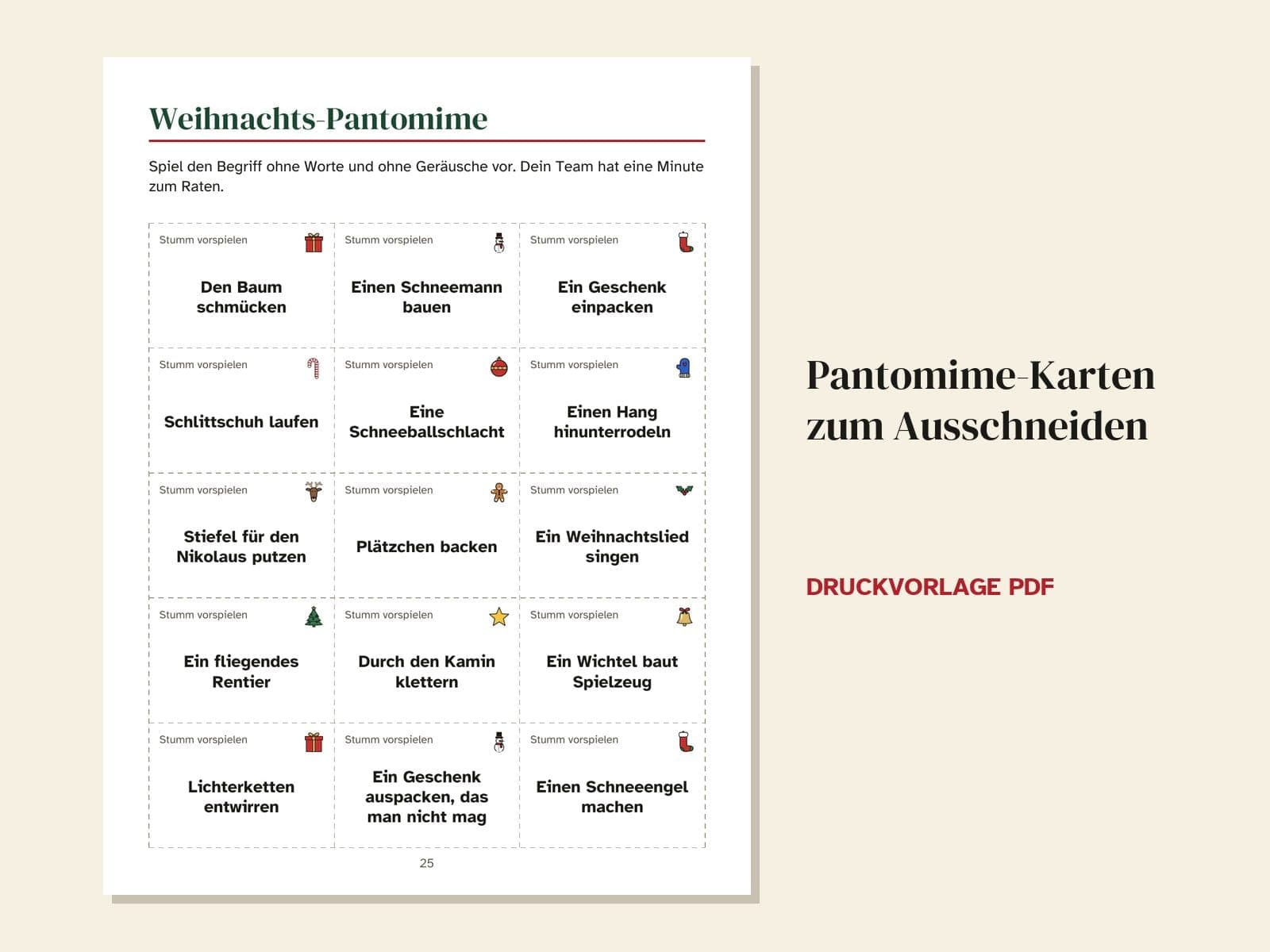 Eine Seite aus dem Heft: Pantomime-Karten zum Ausschneiden
