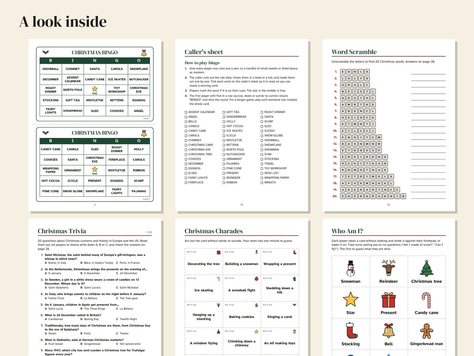 Six pages from inside the book, shown small