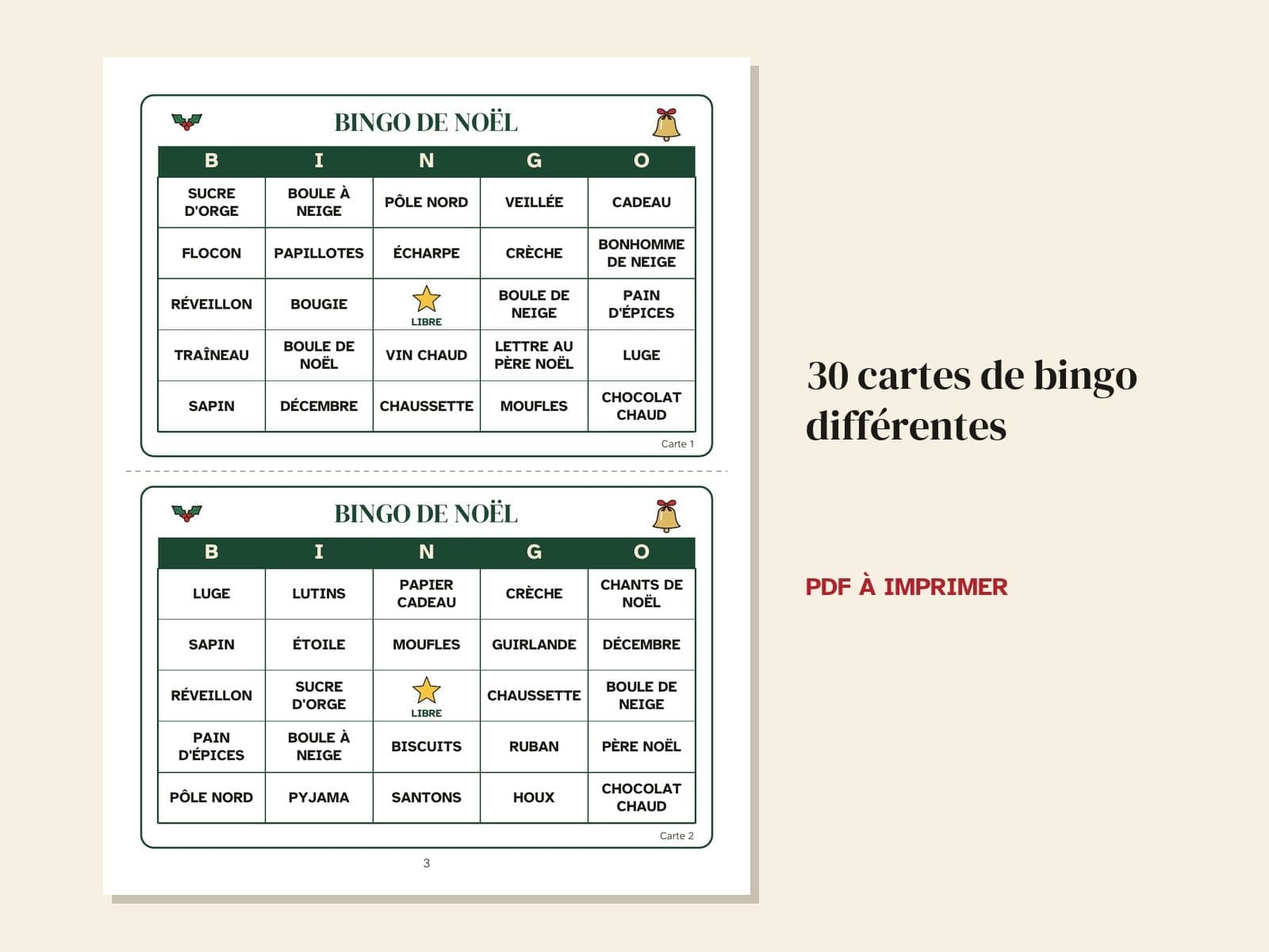 Une page du livre : 30 cartes de bingo différentes