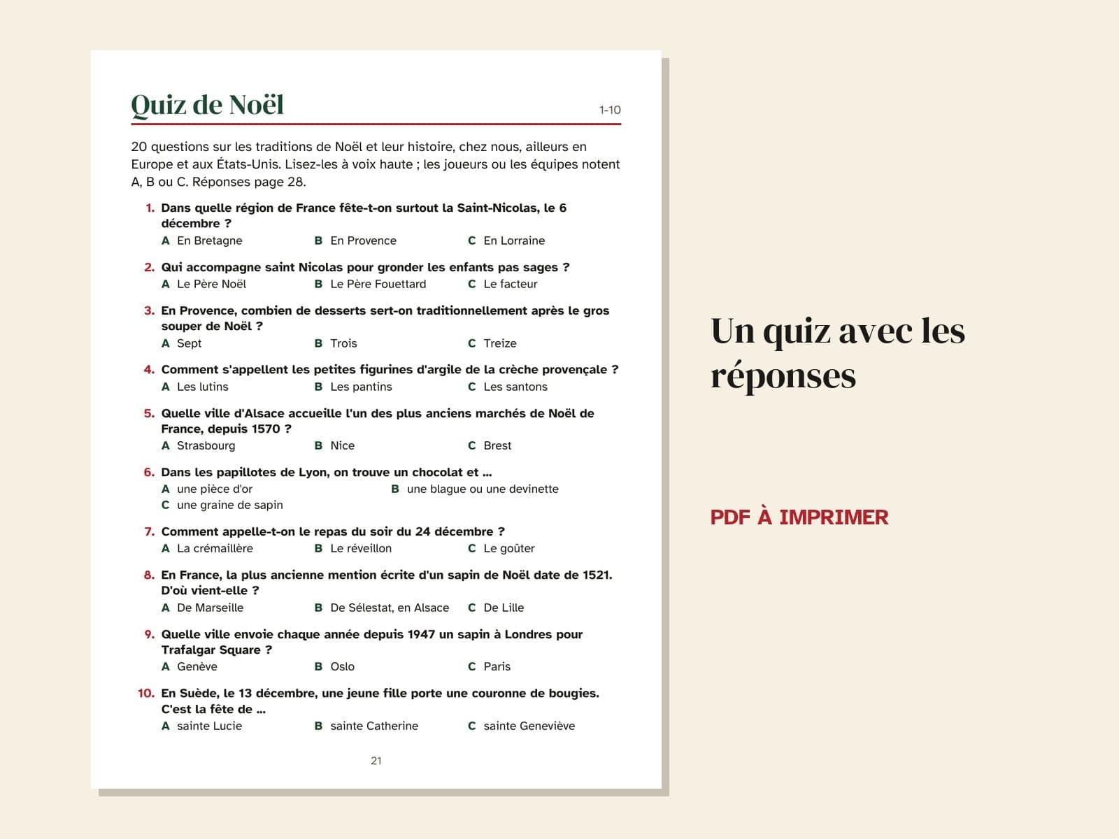 Une page du livre : le quiz avec les réponses