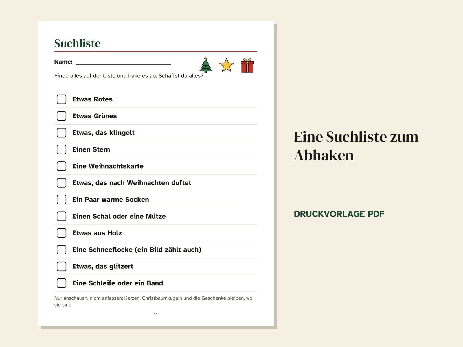 Eine Seite aus dem Heft: eine Suchliste zum Abhaken