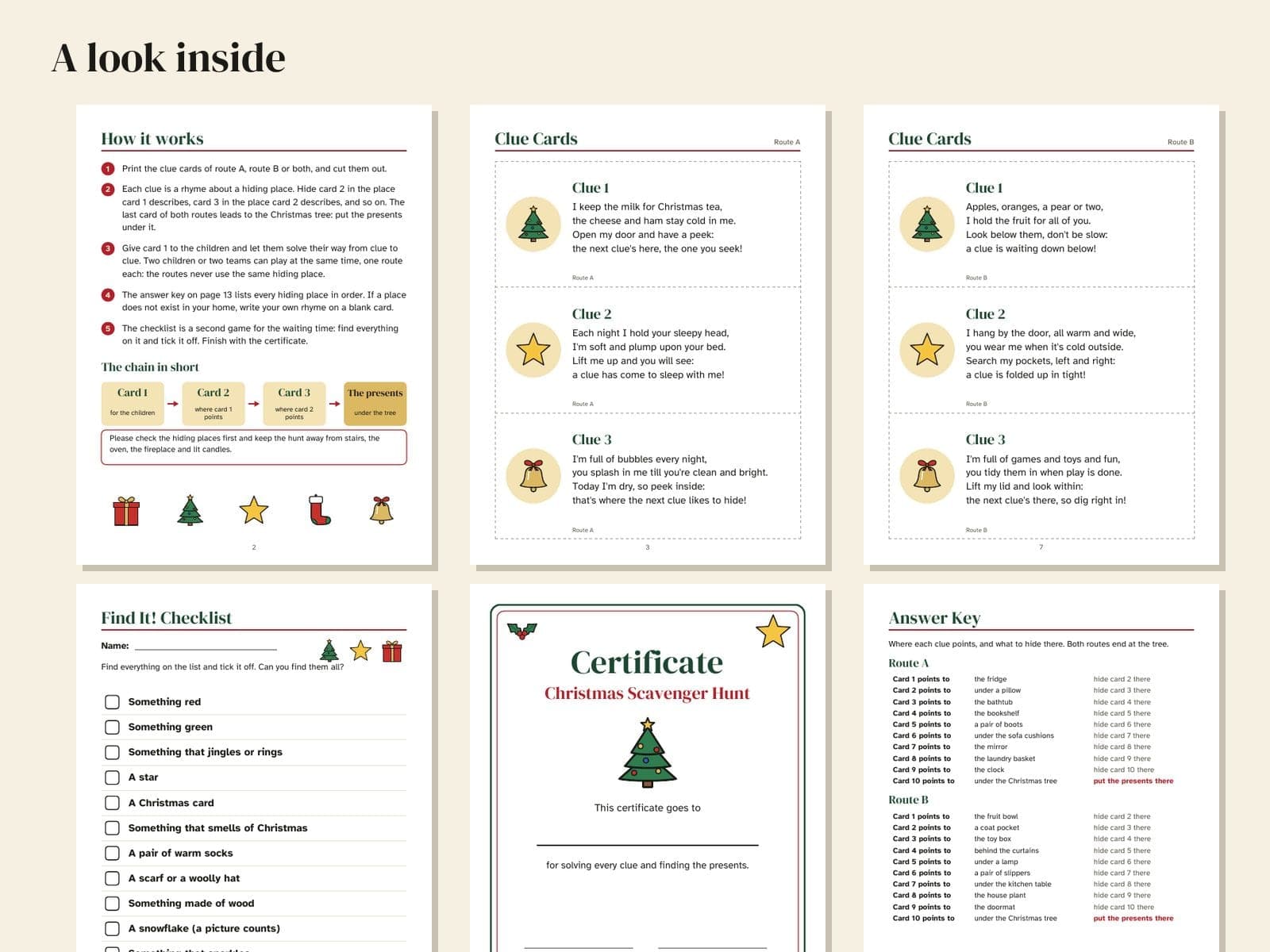 Six pages from inside the book, shown small