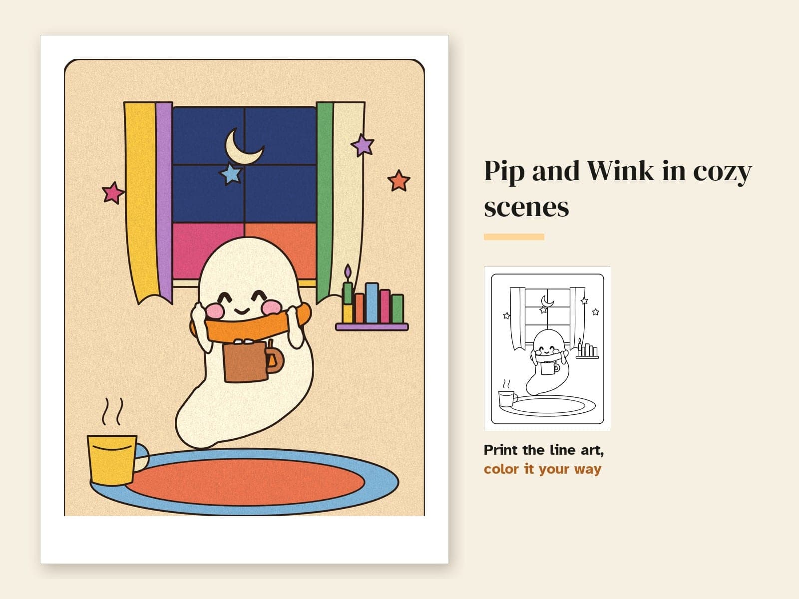 A page from the PDF: Pip's cozy colouring book: 44 pages with a little ghost and a firefly