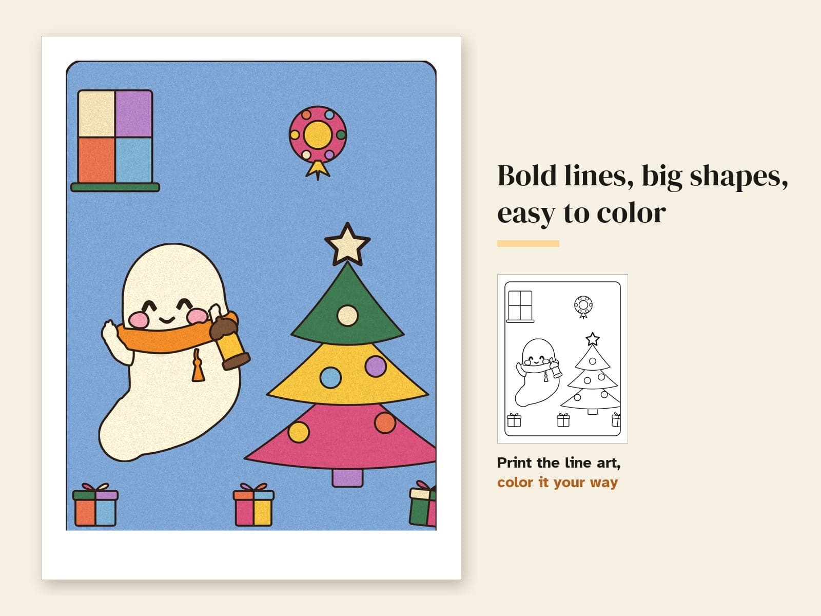 A page from the PDF: Pip's cozy colouring book: 44 pages with a little ghost and a firefly