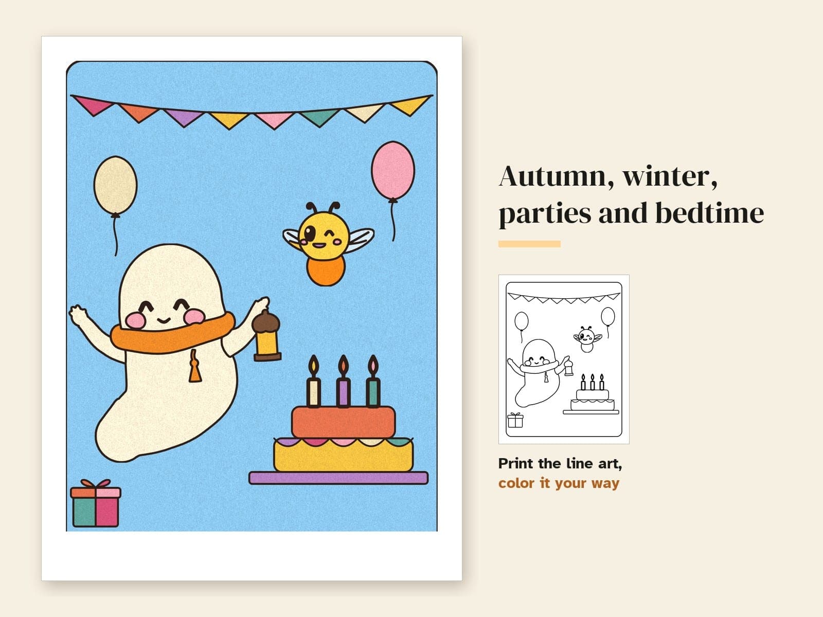 A page from the PDF: Pip's cozy colouring book: 44 pages with a little ghost and a firefly
