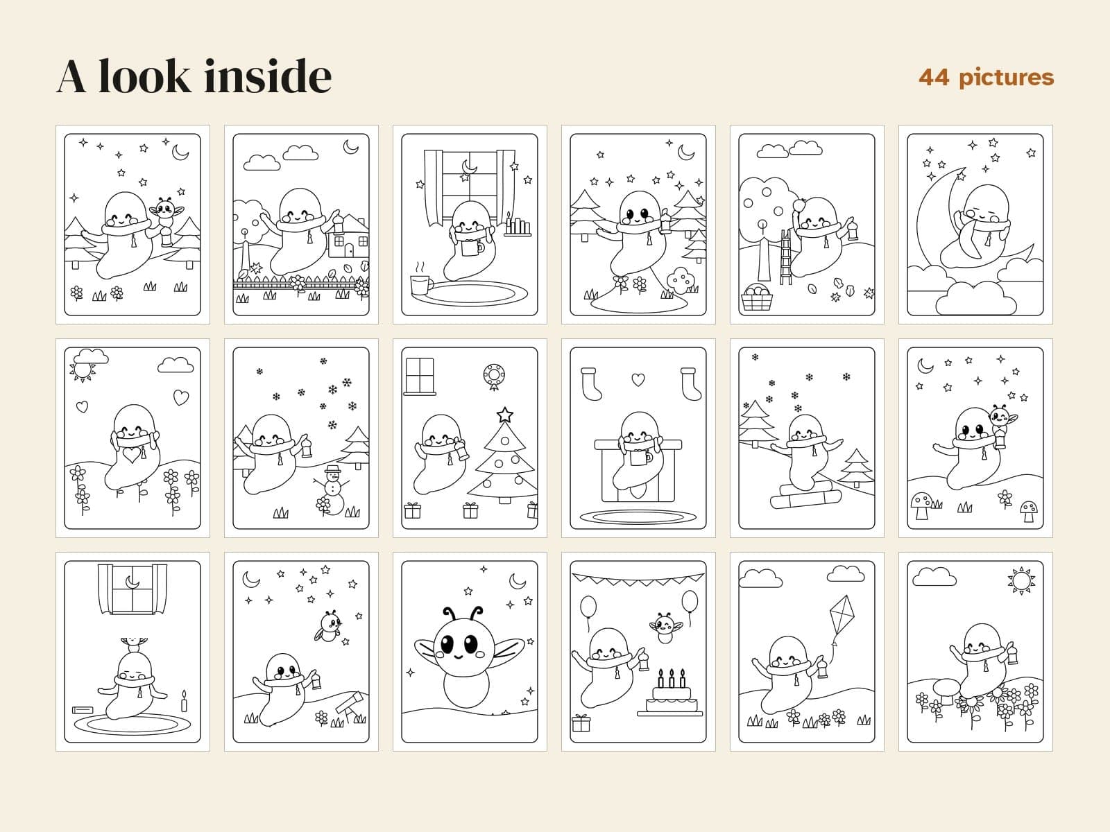 Pages from inside the PDF: Pip's cozy colouring book: 44 pages with a little ghost and a firefly