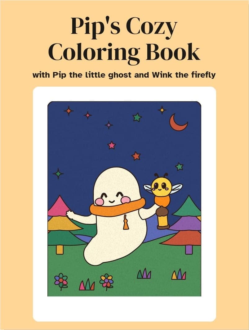 Cover of the PDF: Pip's cozy colouring book: 44 pages with a little ghost and a firefly