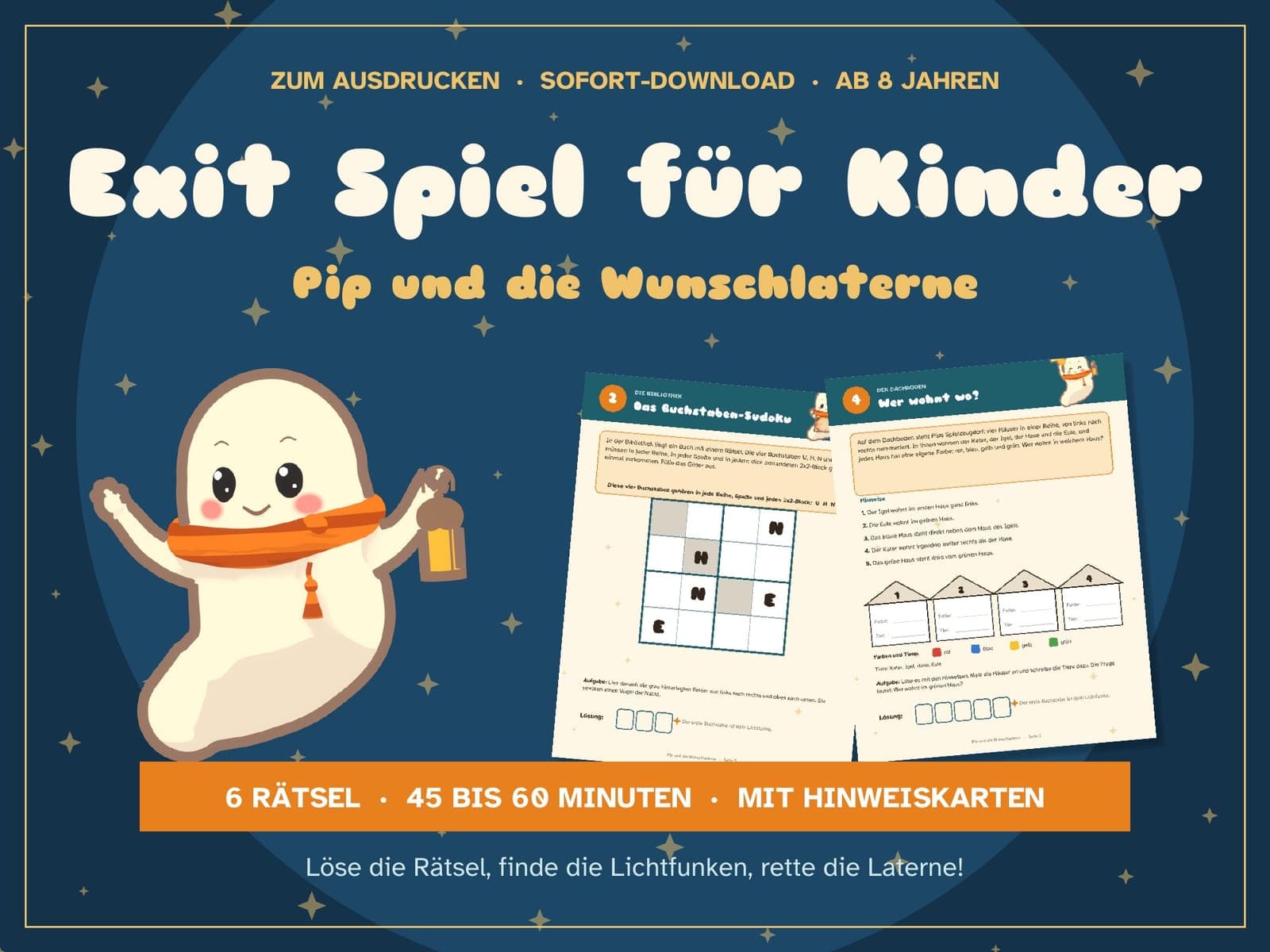 Titelseite der PDF-Datei: Exit-Spiel für Kinder von 8 bis 12 Jahren: Pip und die Wunschlaterne