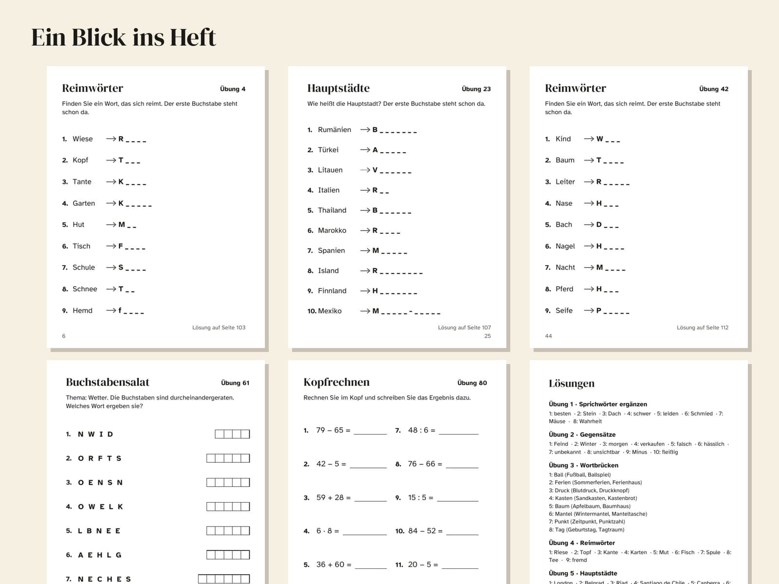 Six pages from inside the book, shown small