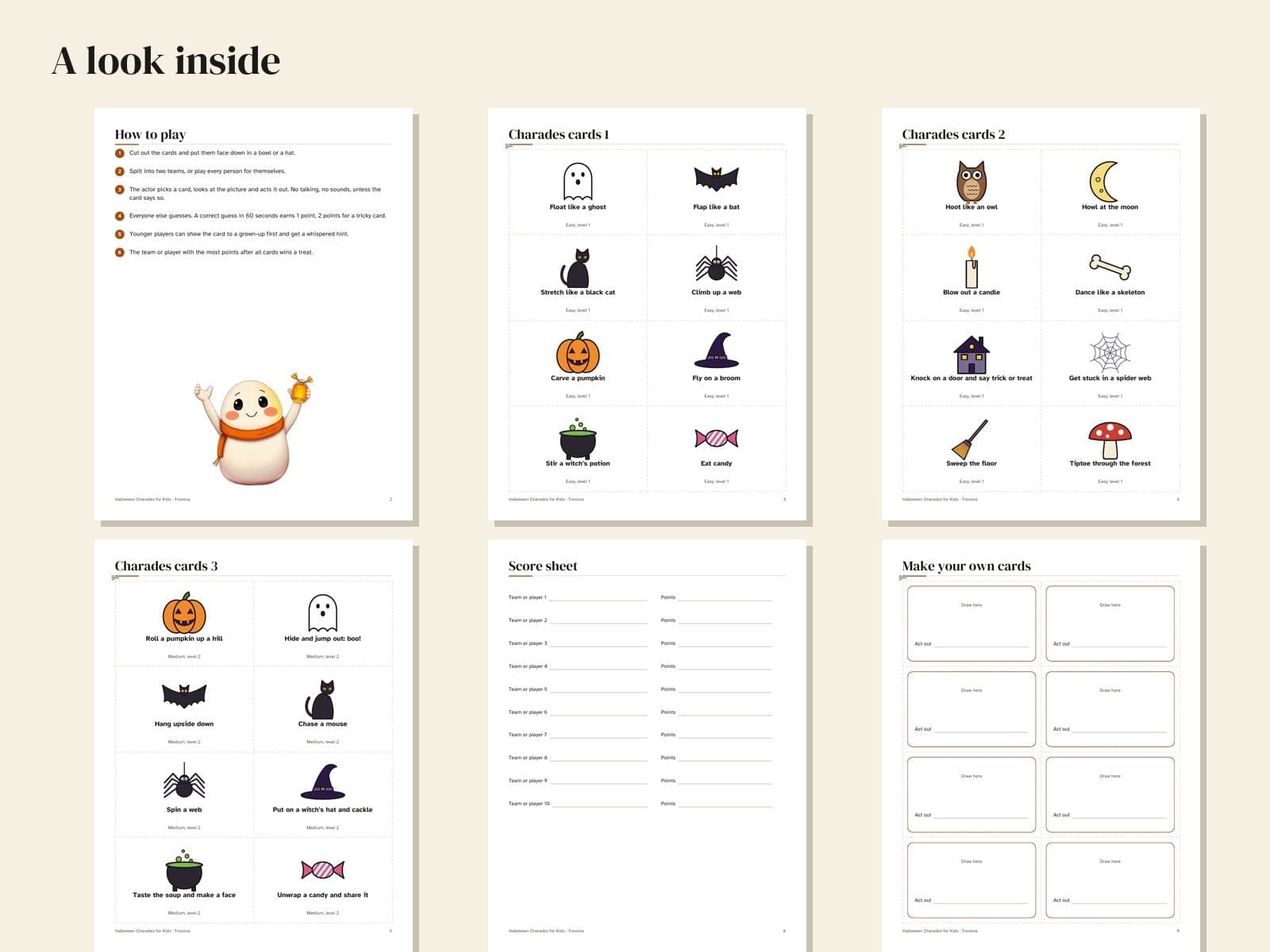 Pages from inside the PDF: Halloween charades for kids: 40 picture cards