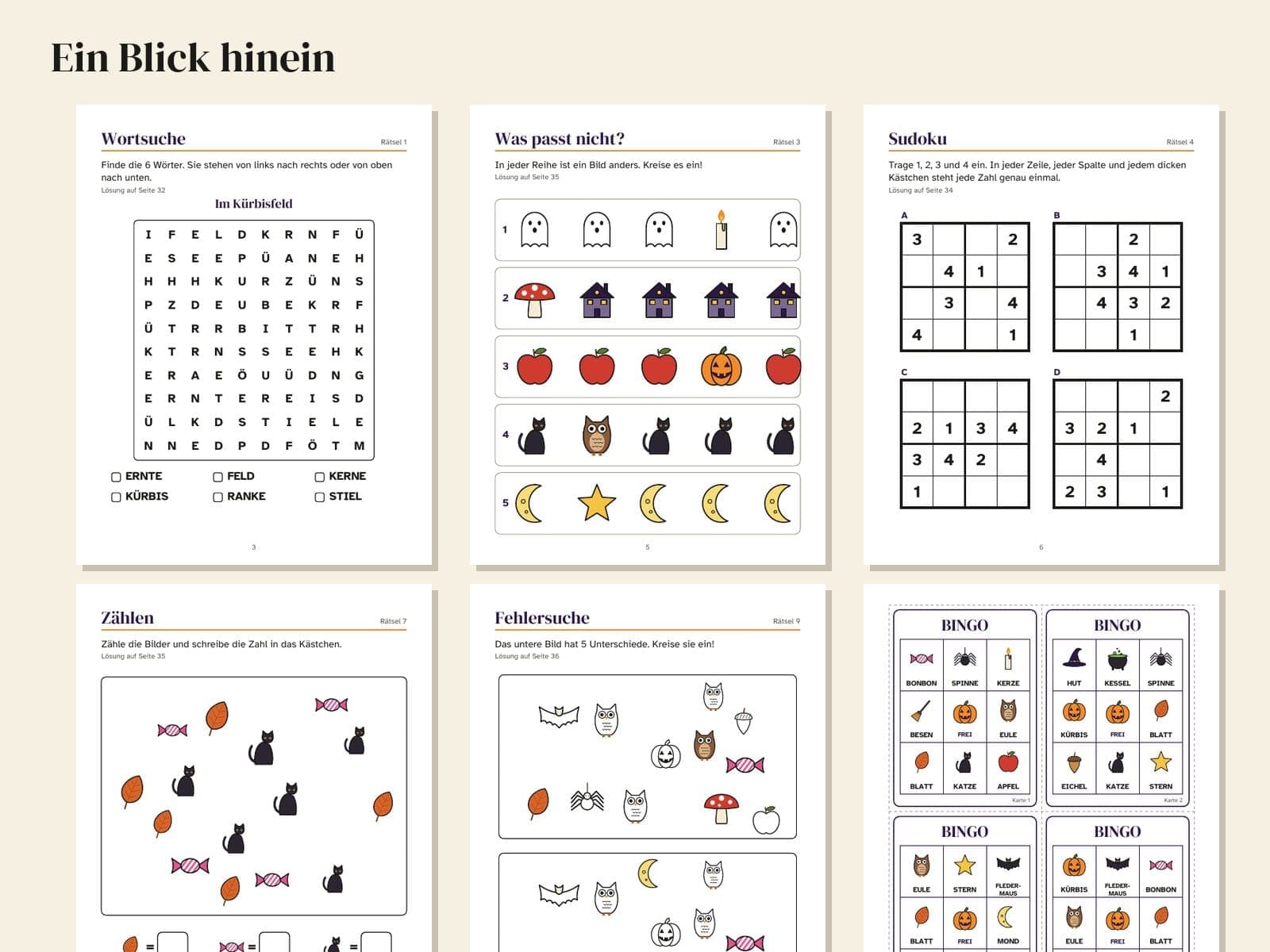 Six pages from inside the book, shown small