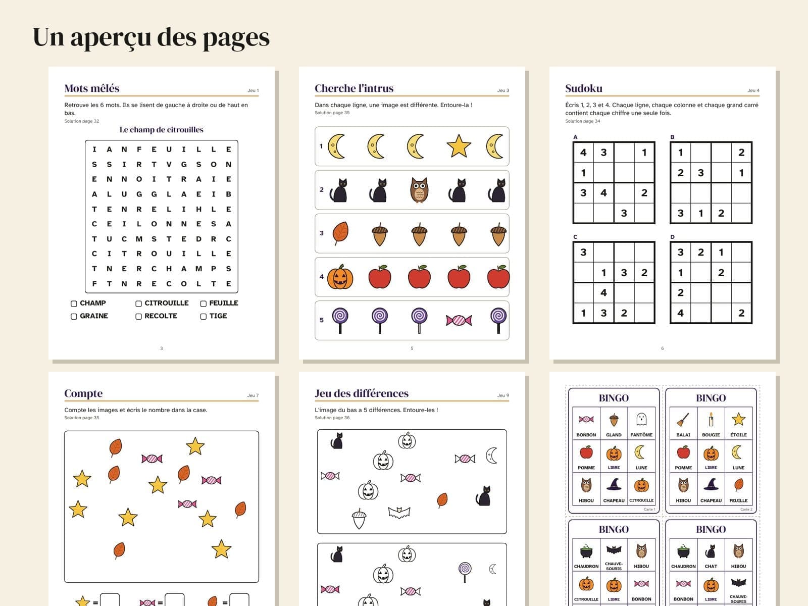 Six pages from inside the book, shown small