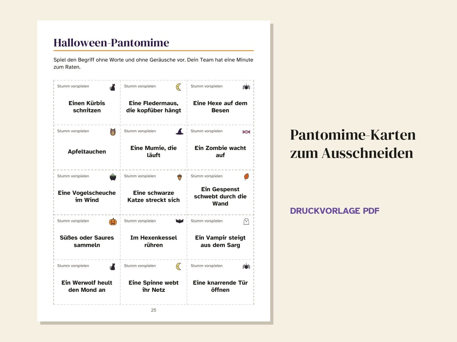 Eine Seite aus dem Heft: Pantomime-Karten zum Ausschneiden