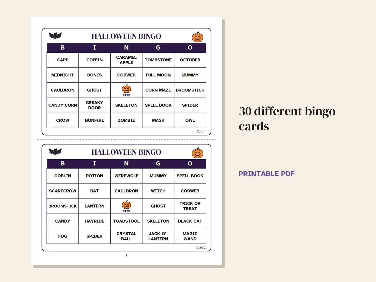 Une page du livre : 30 cartes de bingo différentes