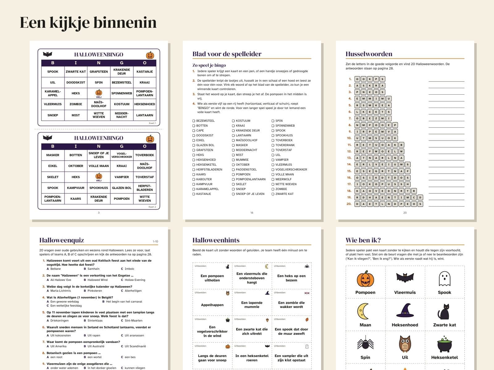 Six pages from inside the book, shown small