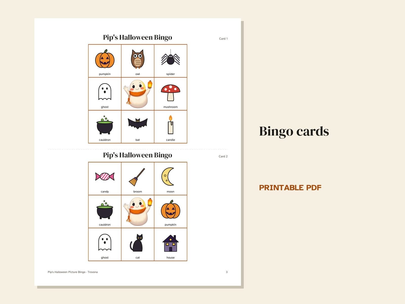 Eine Seite aus der PDF-Datei: Halloween-Bildbingo: 30 verschiedene Karten für Kinder