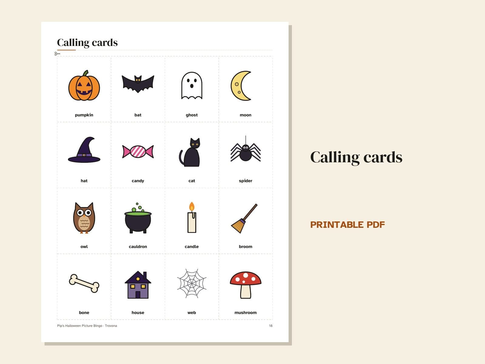 Eine Seite aus der PDF-Datei: Halloween-Bildbingo: 30 verschiedene Karten für Kinder