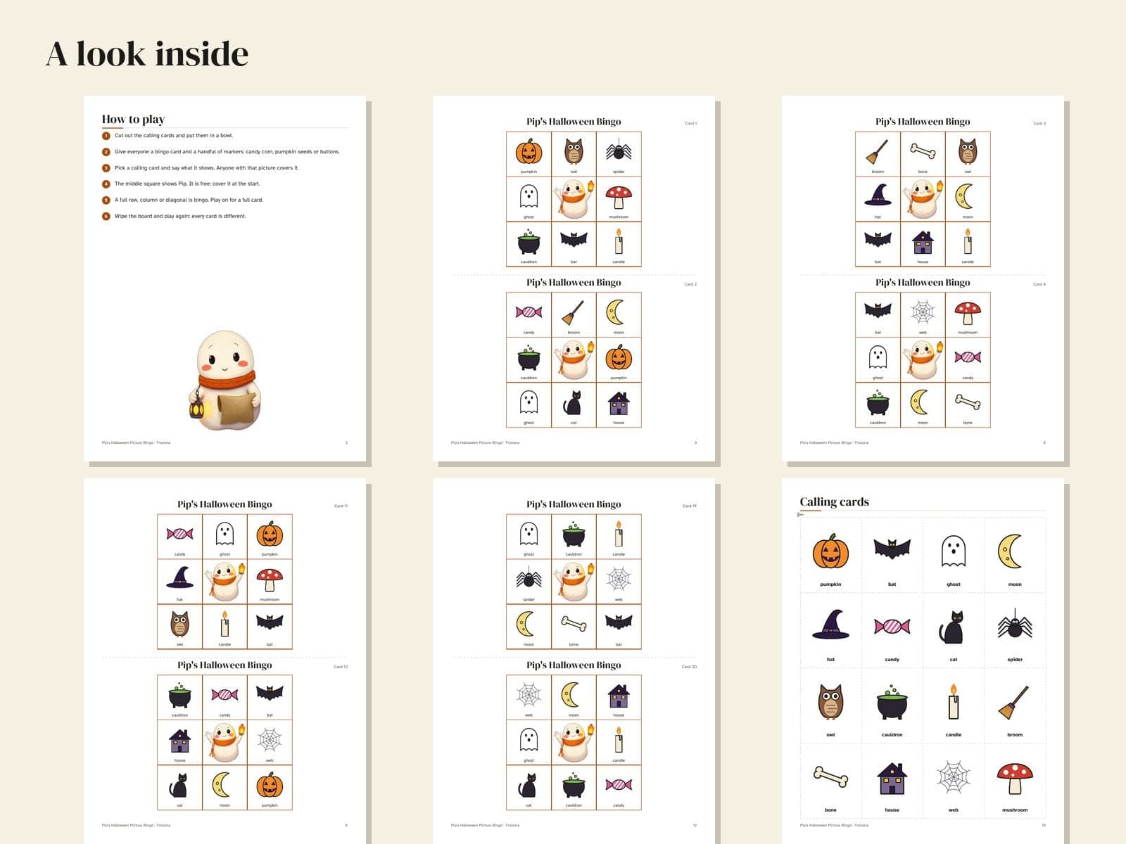 Seiten aus der PDF-Datei: Halloween-Bildbingo: 30 verschiedene Karten für Kinder