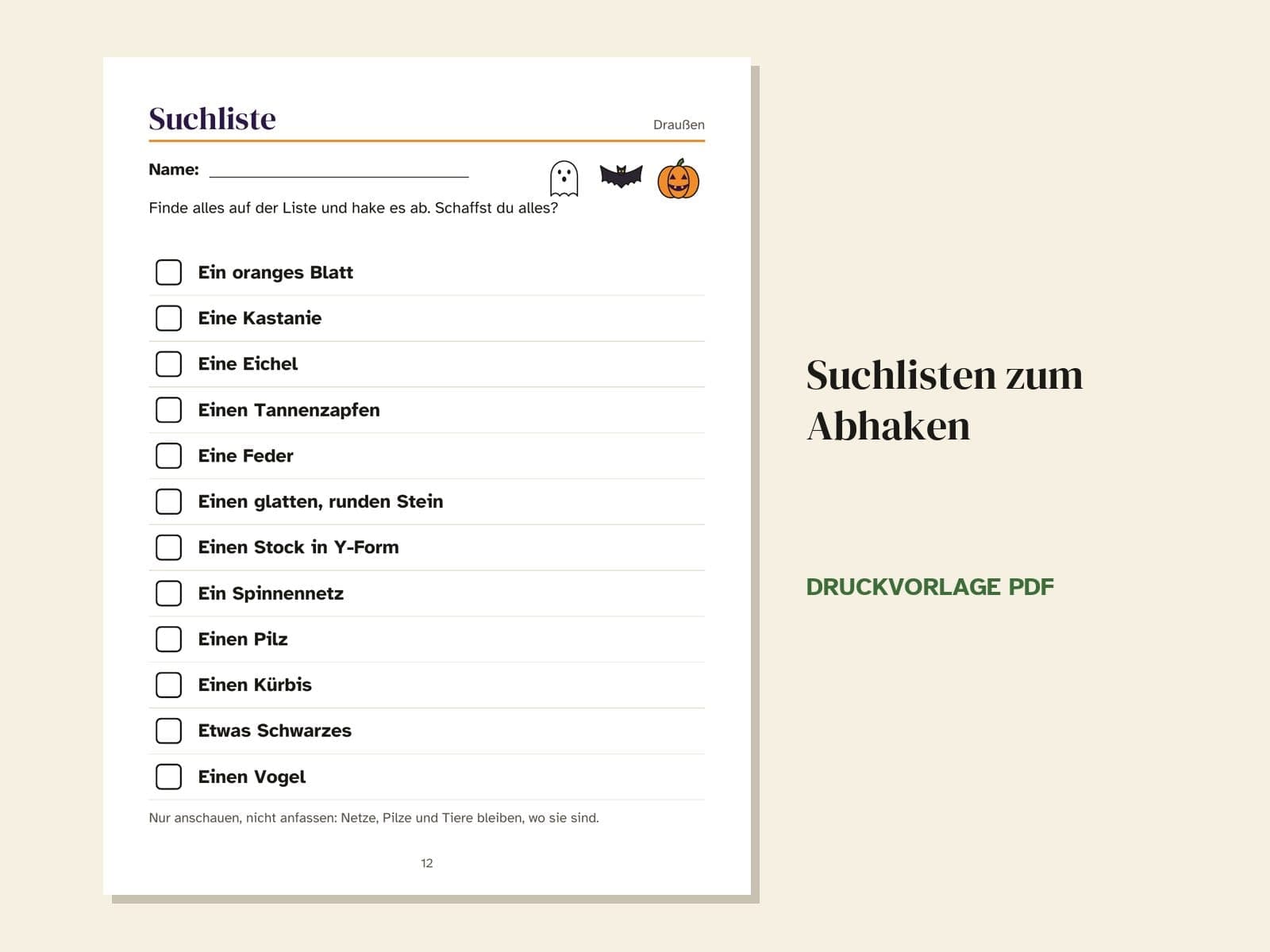 Eine Seite aus dem Heft: Suchlisten zum Abhaken