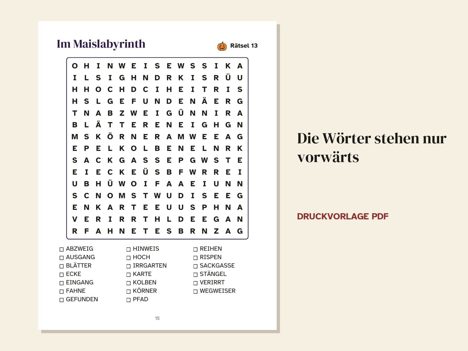 Eine Seite aus dem Heft: die Wörter stehen nur vorwärts
