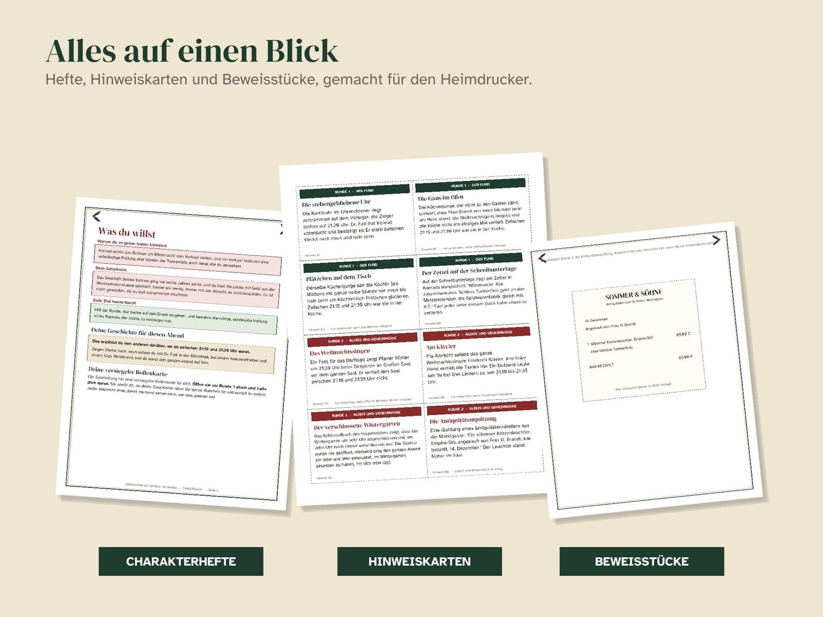 Seiten aus dem Spielpaket: Krimidinner Weihnachten für 6 bis 12 Spieler: Schloss Tannenfels