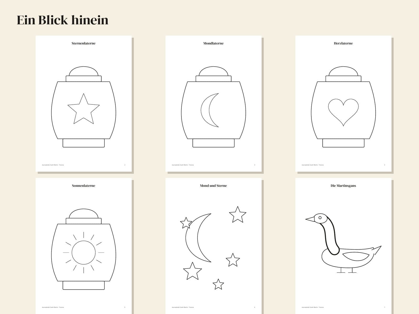 Pages from inside the PDF: Sankt Martin colouring pages: lanterns, moon and stars, Martin's goose