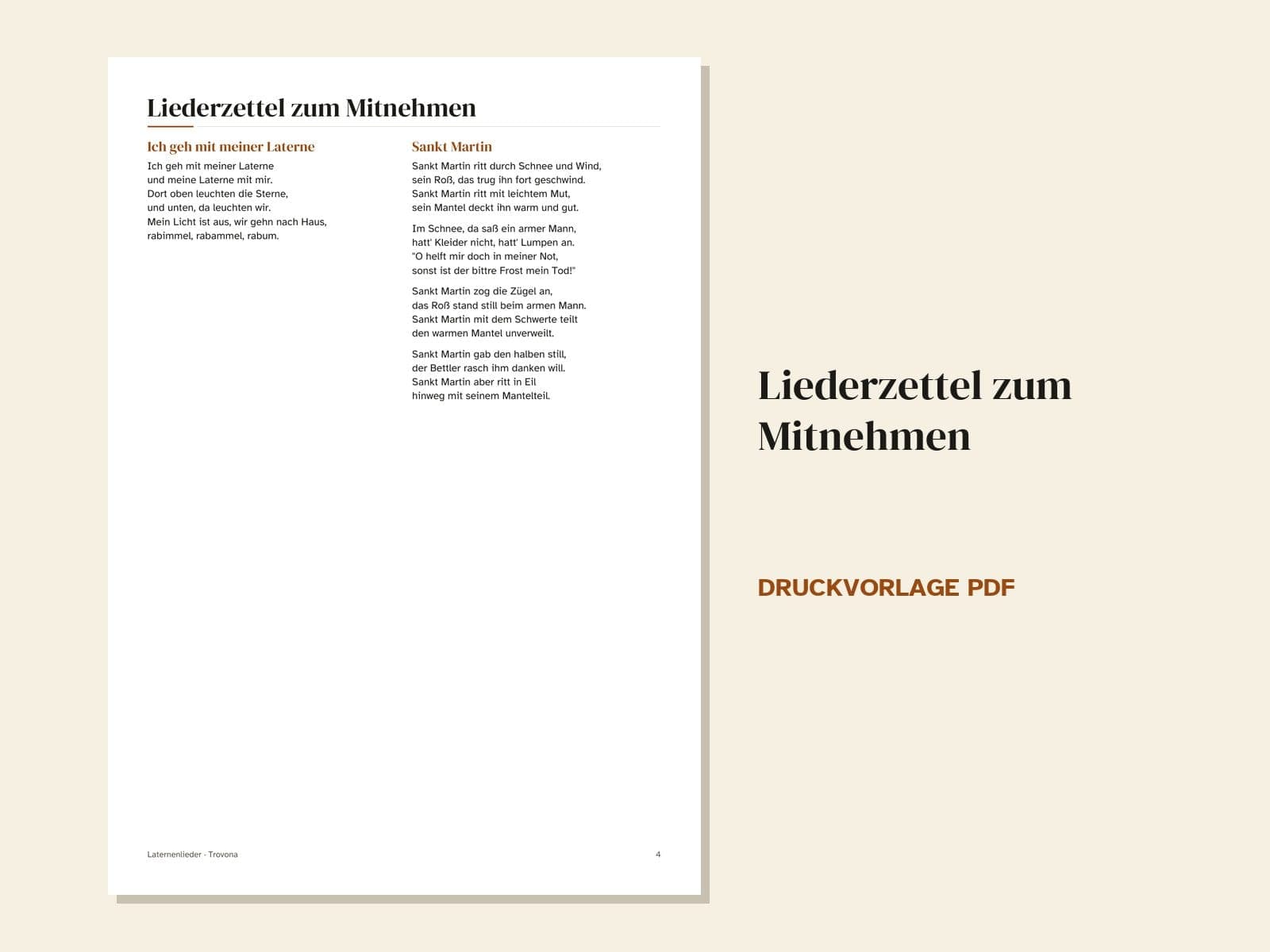 Eine Seite aus der PDF-Datei: Laternenlieder zum Ausdrucken: Liederzettel Sankt Martin