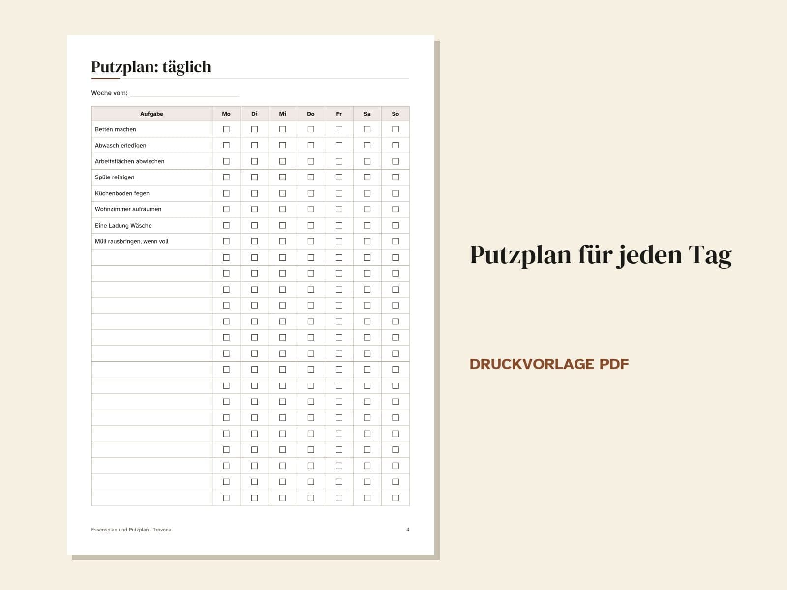 Eine Seite aus der PDF-Datei: der Putzplan für jeden Tag