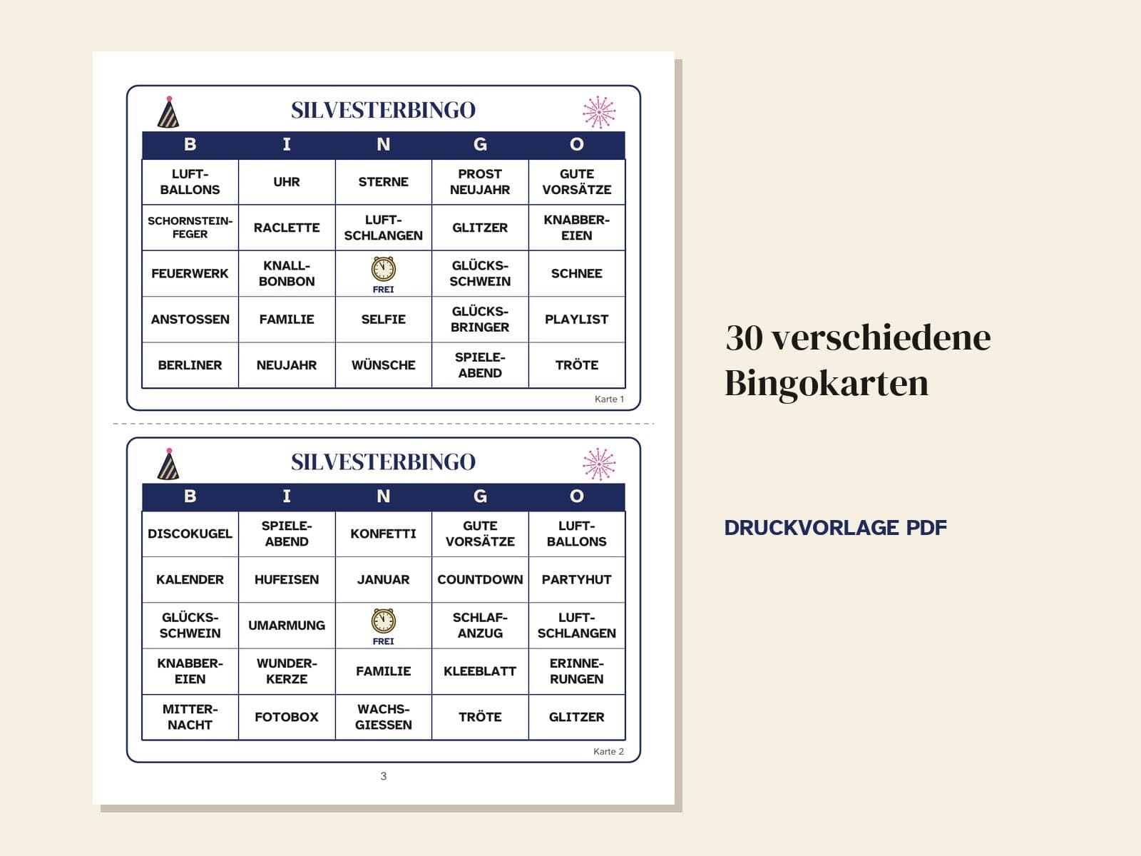 Eine Seite aus dem Heft: 30 verschiedene Bingokarten