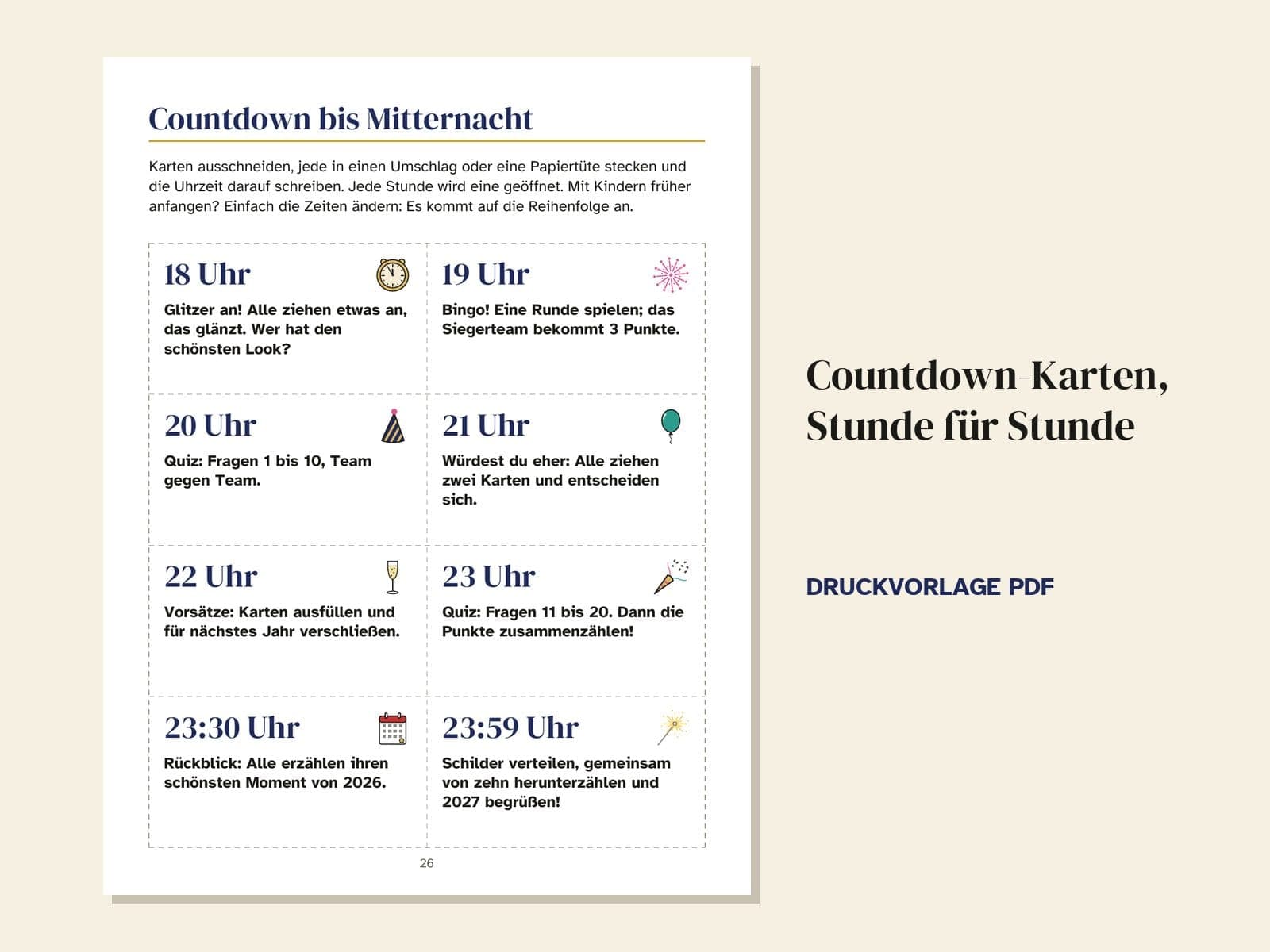 Eine Seite aus dem Heft: Countdown-Karten, Stunde für Stunde