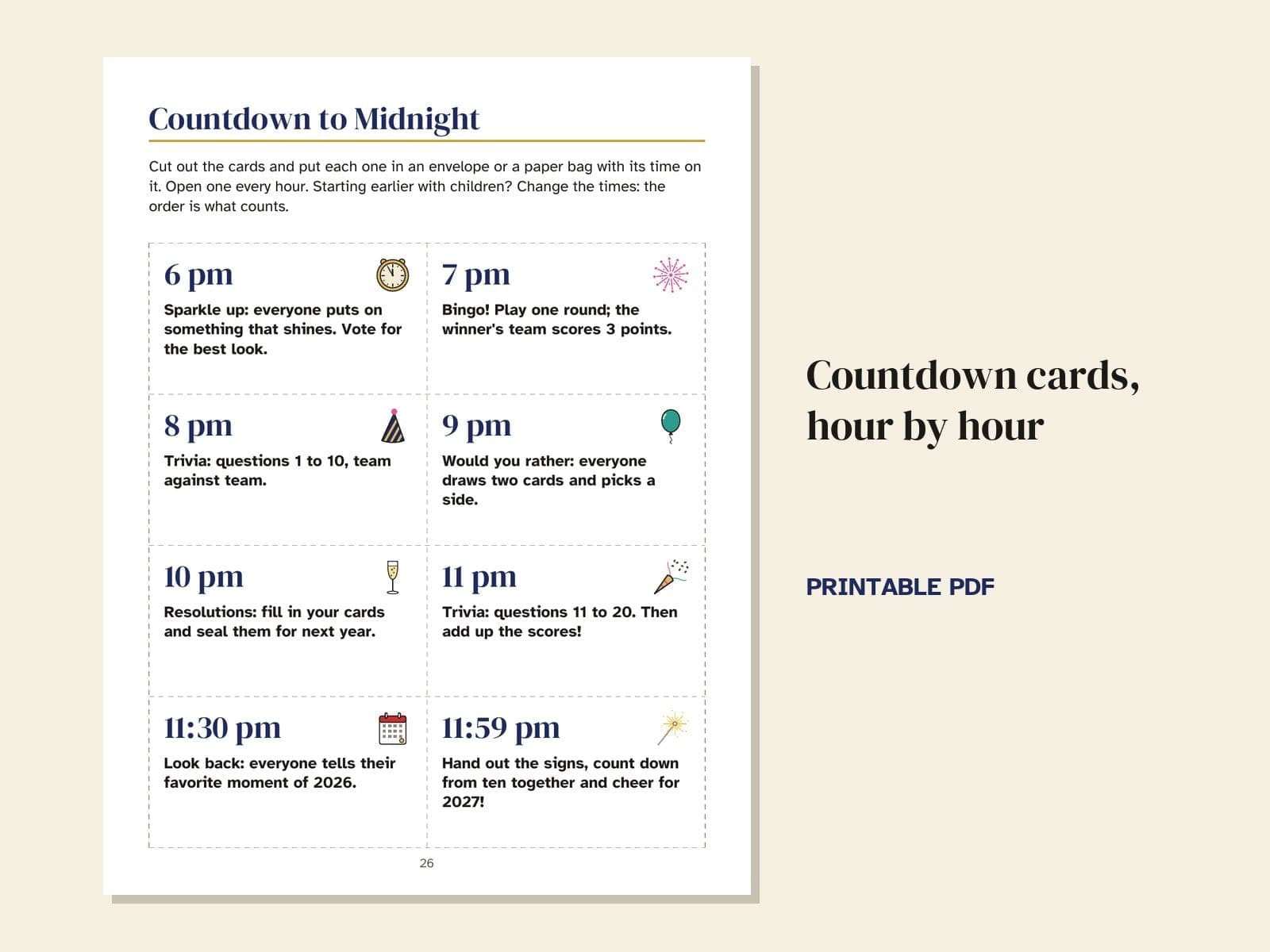 A page from the book: countdown cards, hour by hour