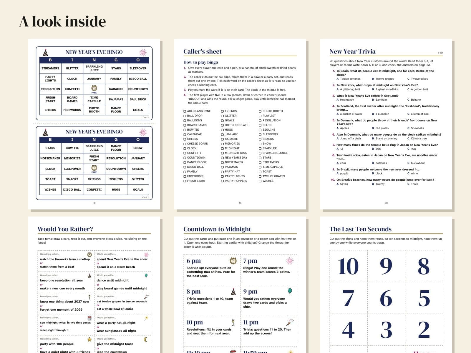 Six pages from inside the book, shown small
