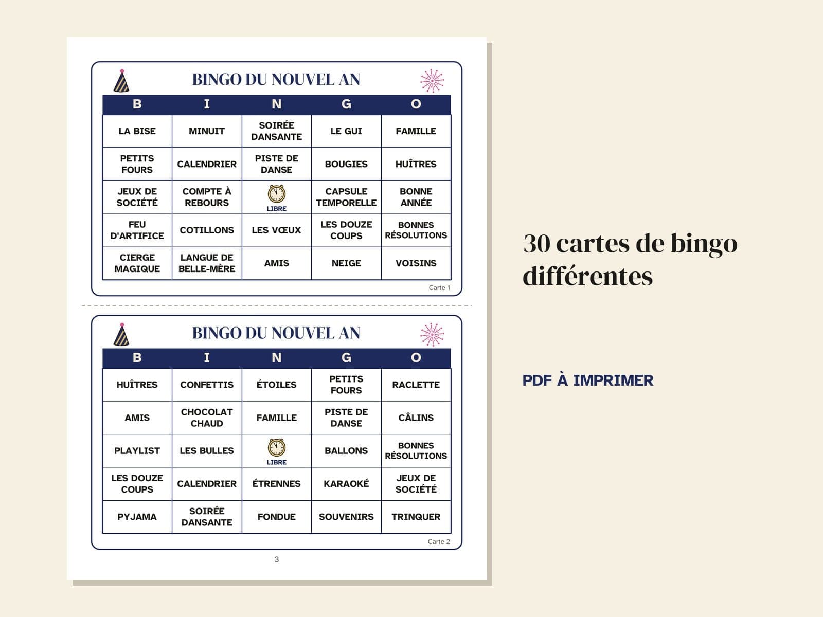 Une page du livre : 30 cartes de bingo différentes