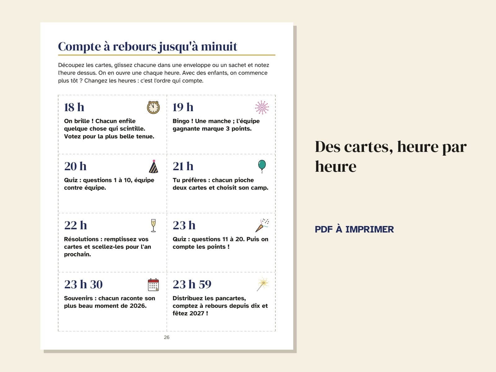 Une page du livre : des cartes de compte à rebours, heure par heure