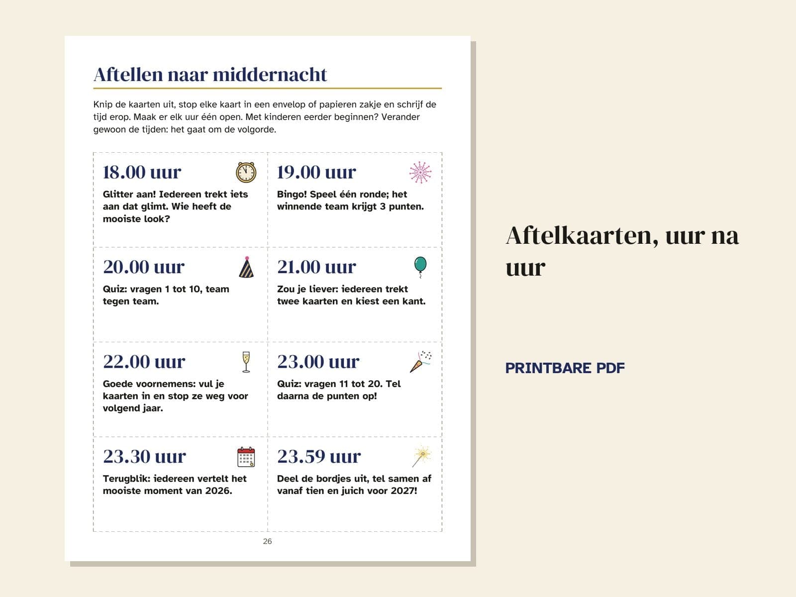 Een pagina uit het boek: aftelkaarten, uur na uur