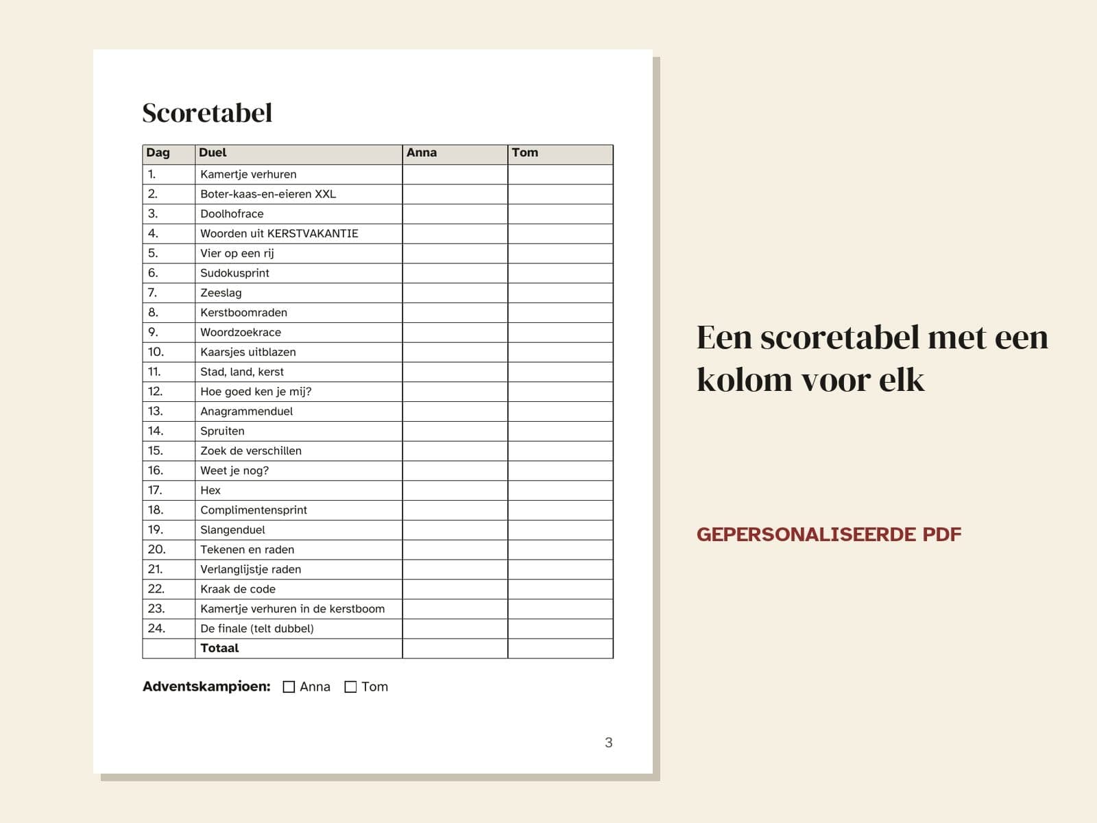Eine Seite aus dem Beispiel: die Punktetabelle mit einer Spalte für jeden