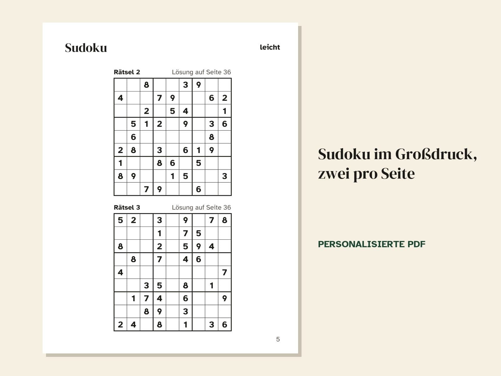 Une page de l'exemple : sudokus en gros caractères, deux par page