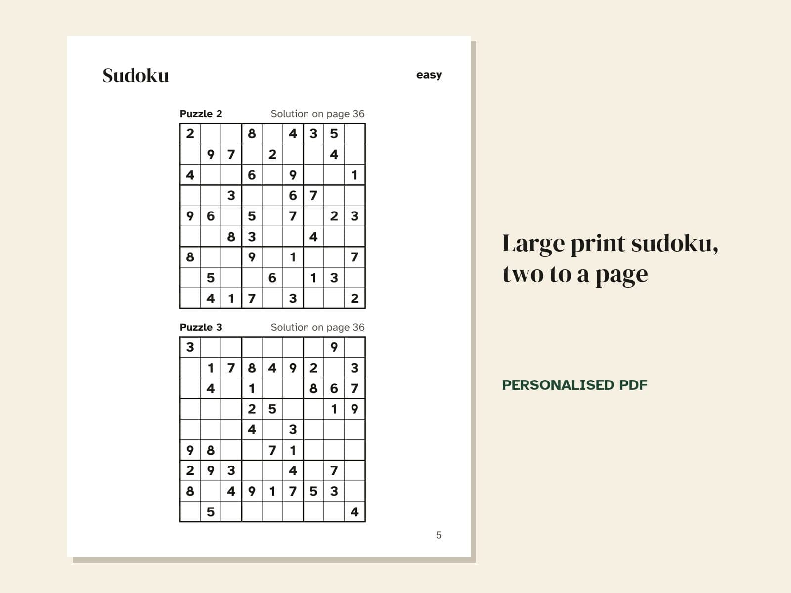 Une page de l'exemple : sudokus en gros caractères, deux par page