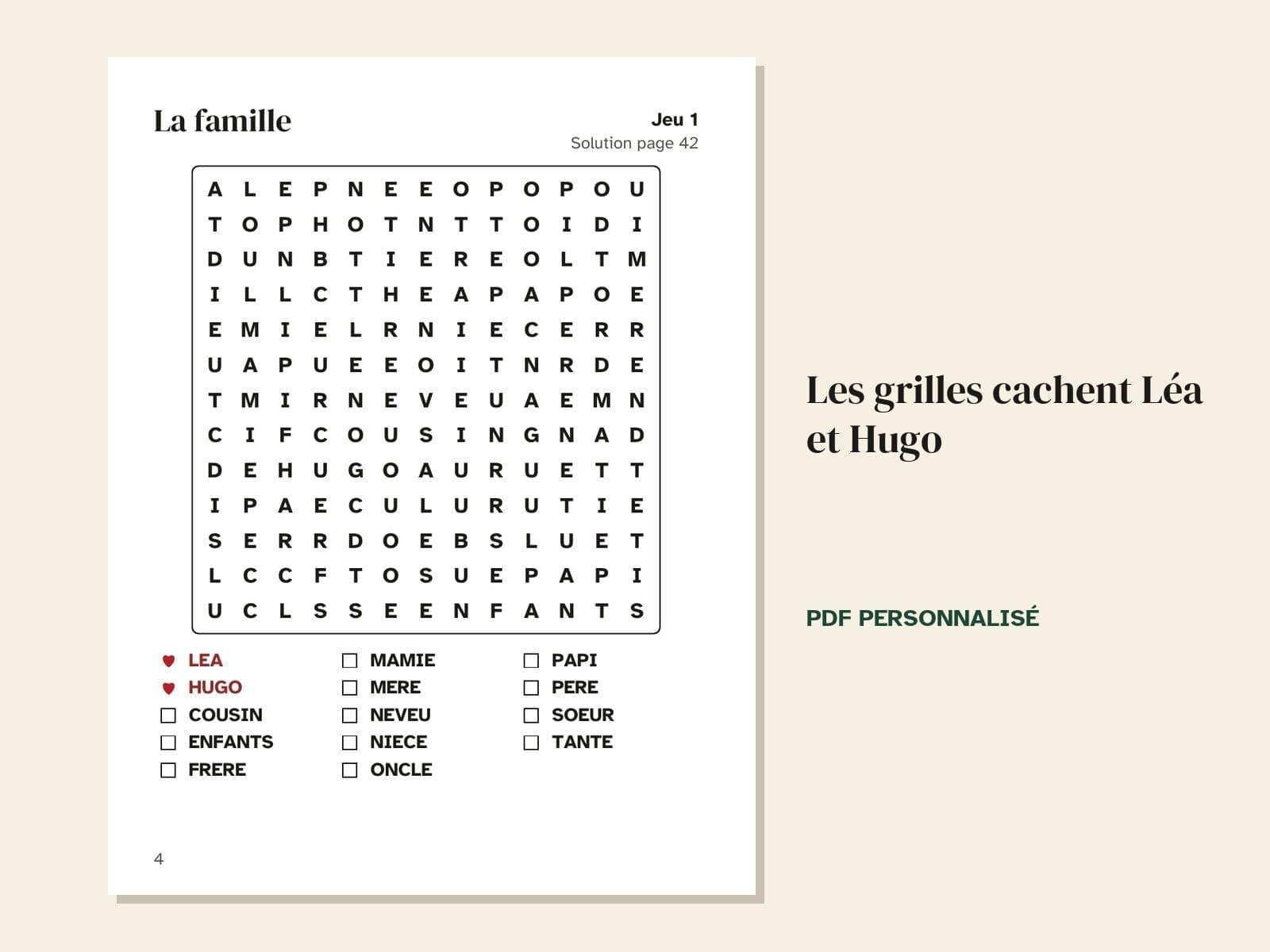A page from the sample: Léa and Hugo: hidden in every word search