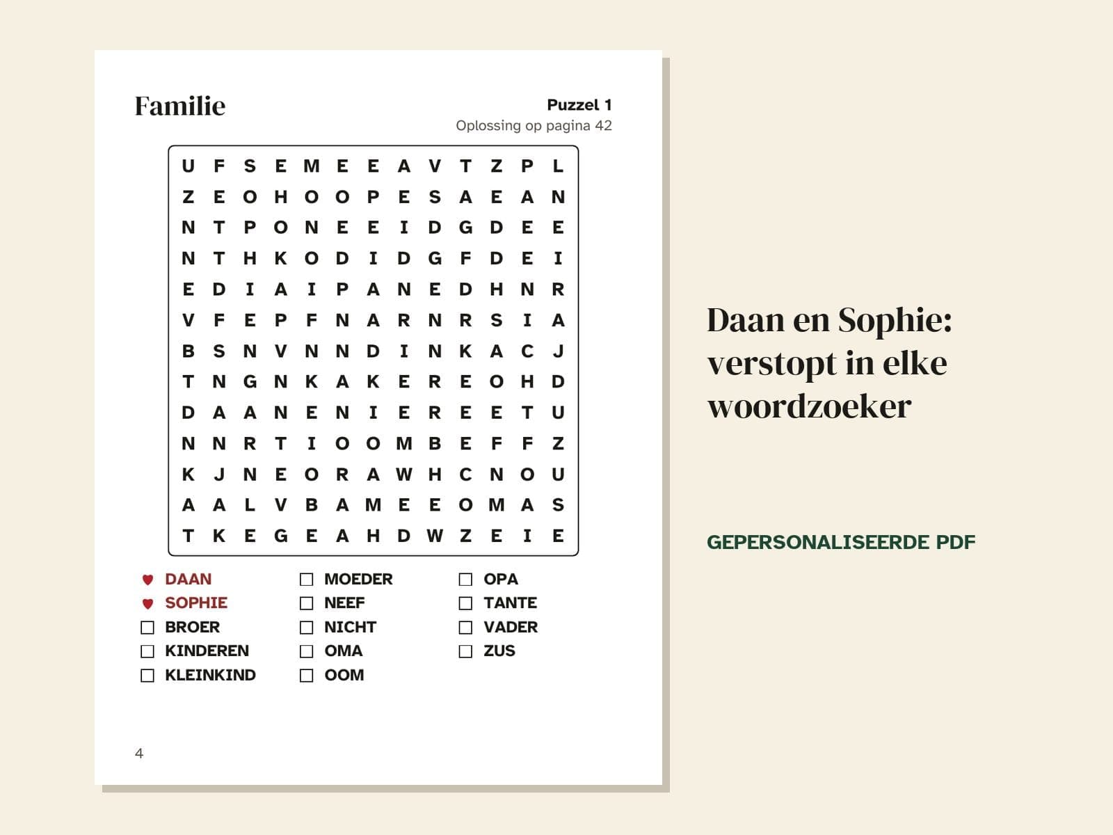 Een pagina uit het voorbeeld: Daan en Sophie: verstopt in elke woordzoeker