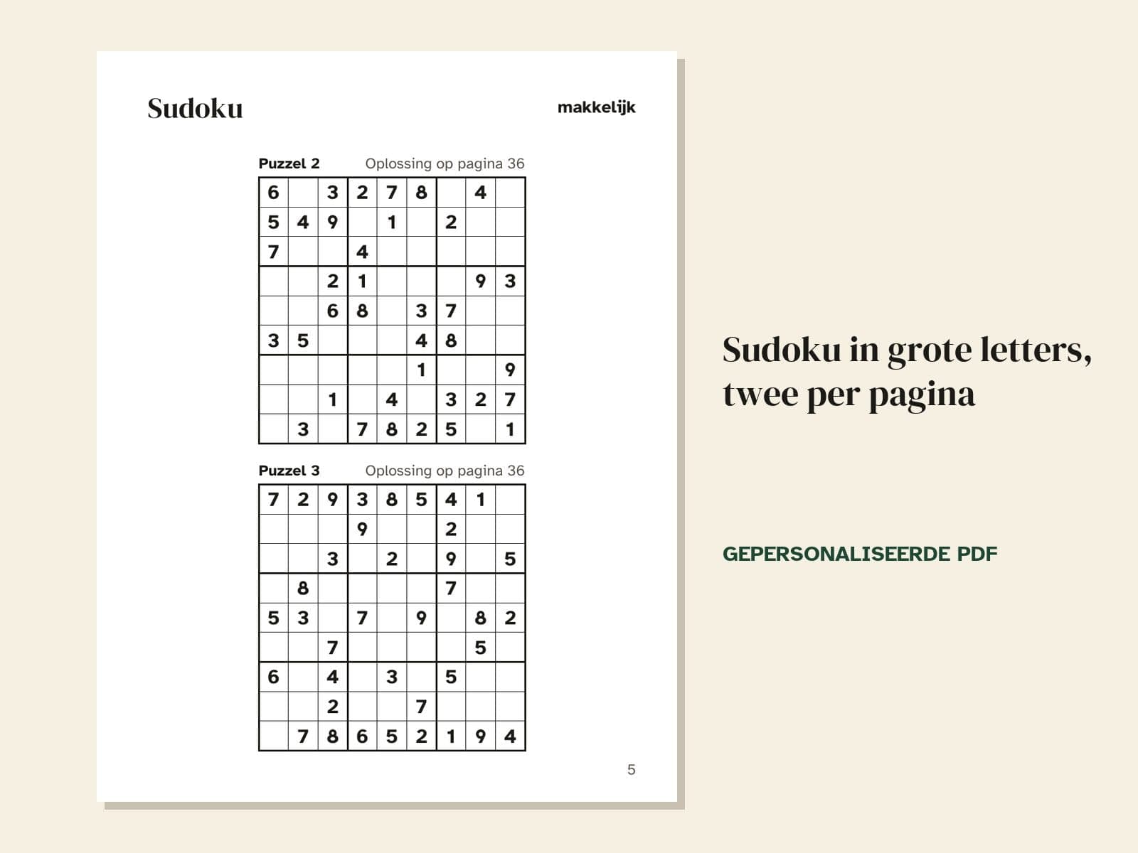 Een pagina uit het voorbeeld: sudoku in grote letters, twee per pagina