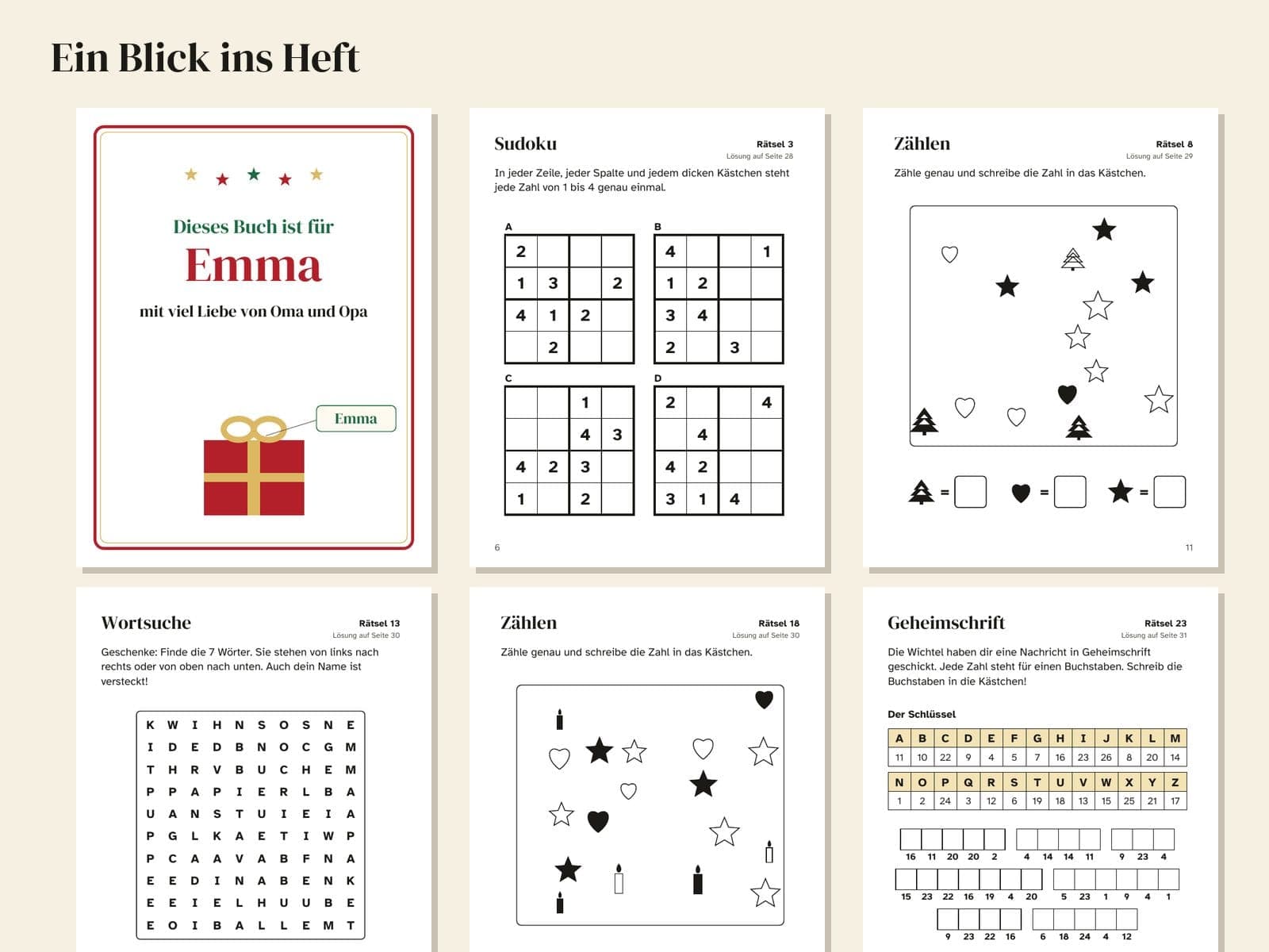 Sechs Seiten aus dem Beispiel, verkleinert