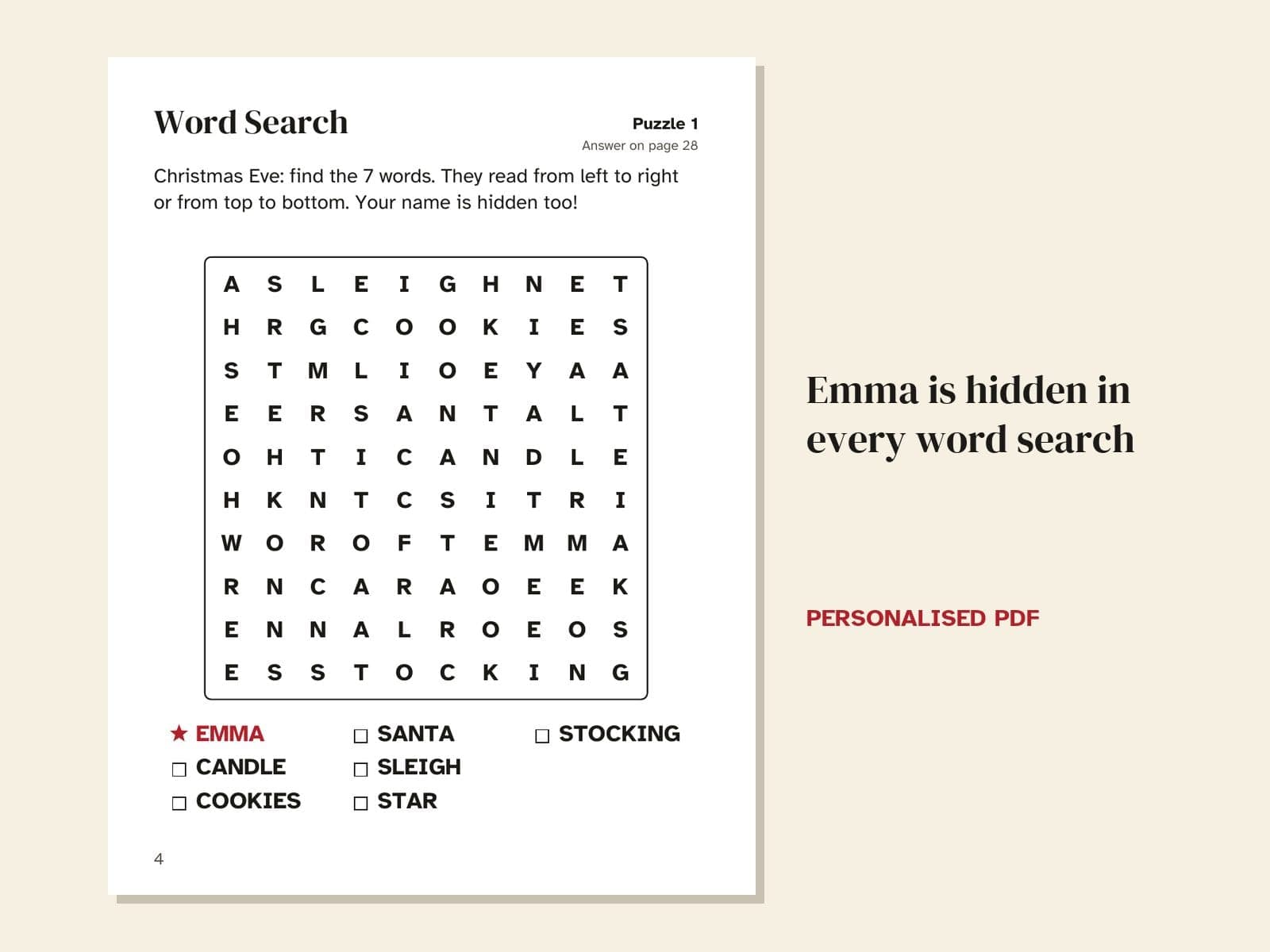 A page from the sample: Emma is hidden in every word search